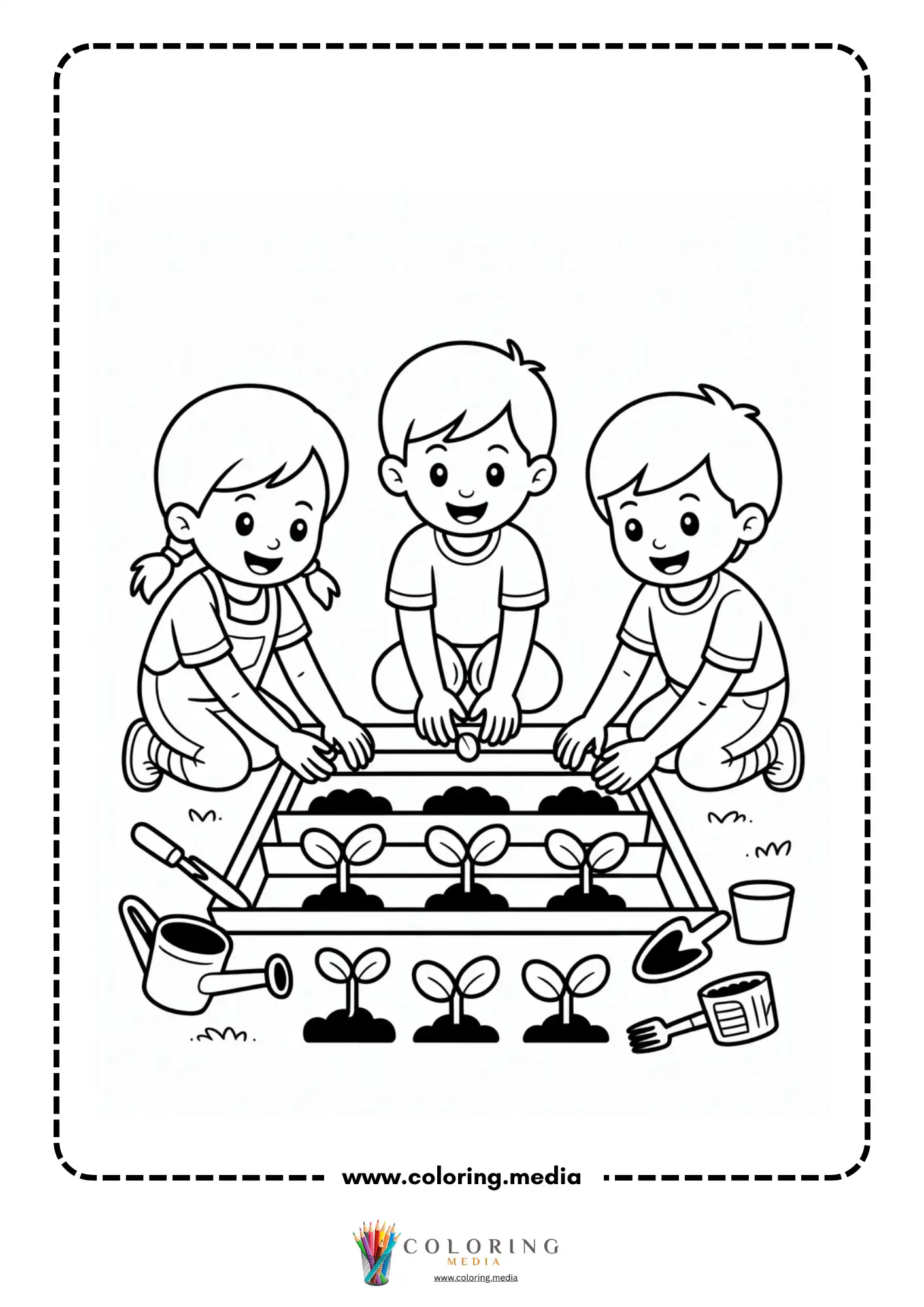 Children planting seedlings in garden bed