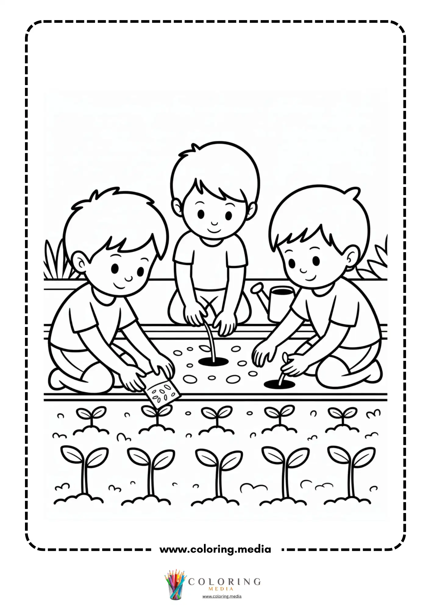 Boy watering small potted plants