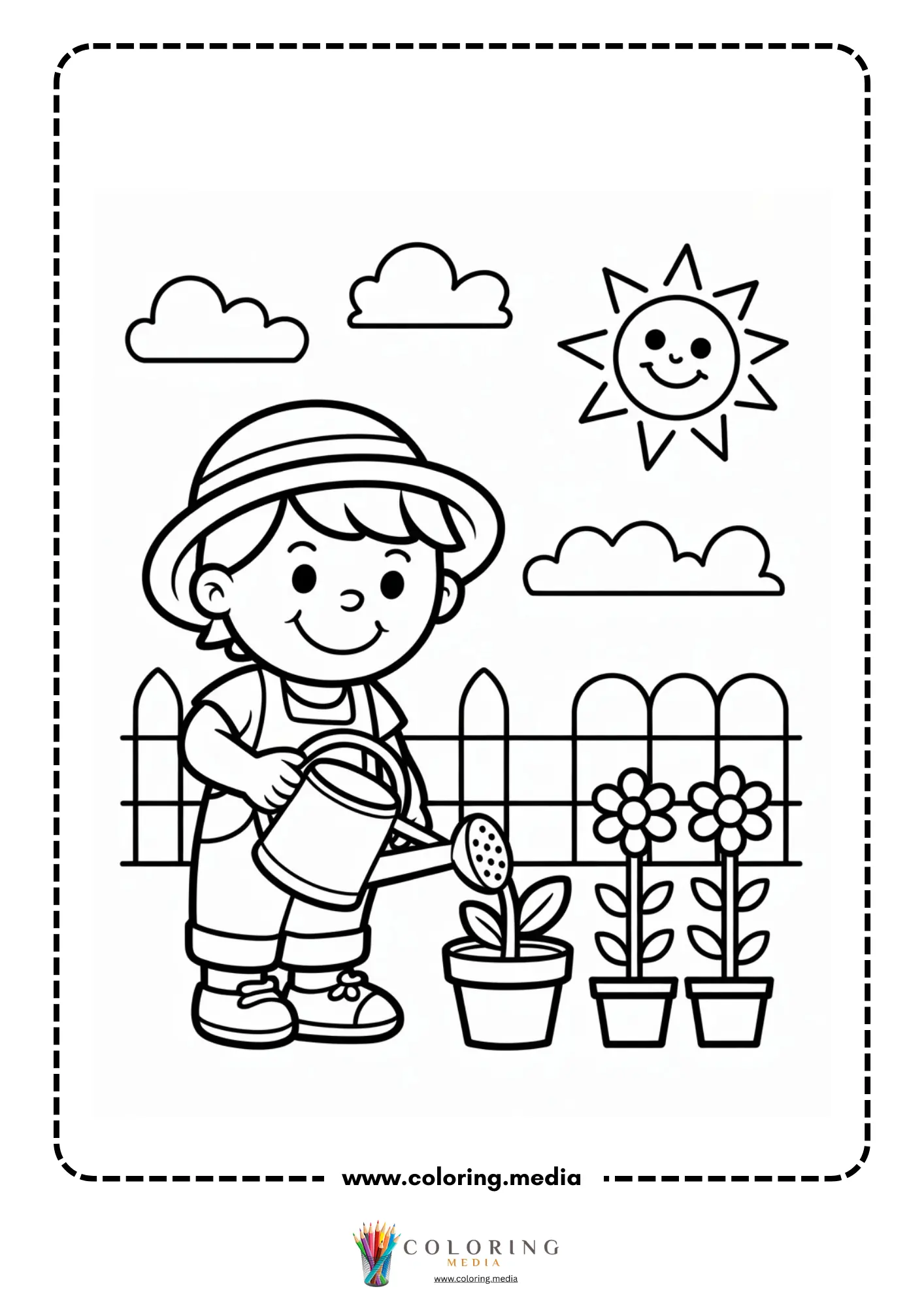 Boy watering flowers in garden