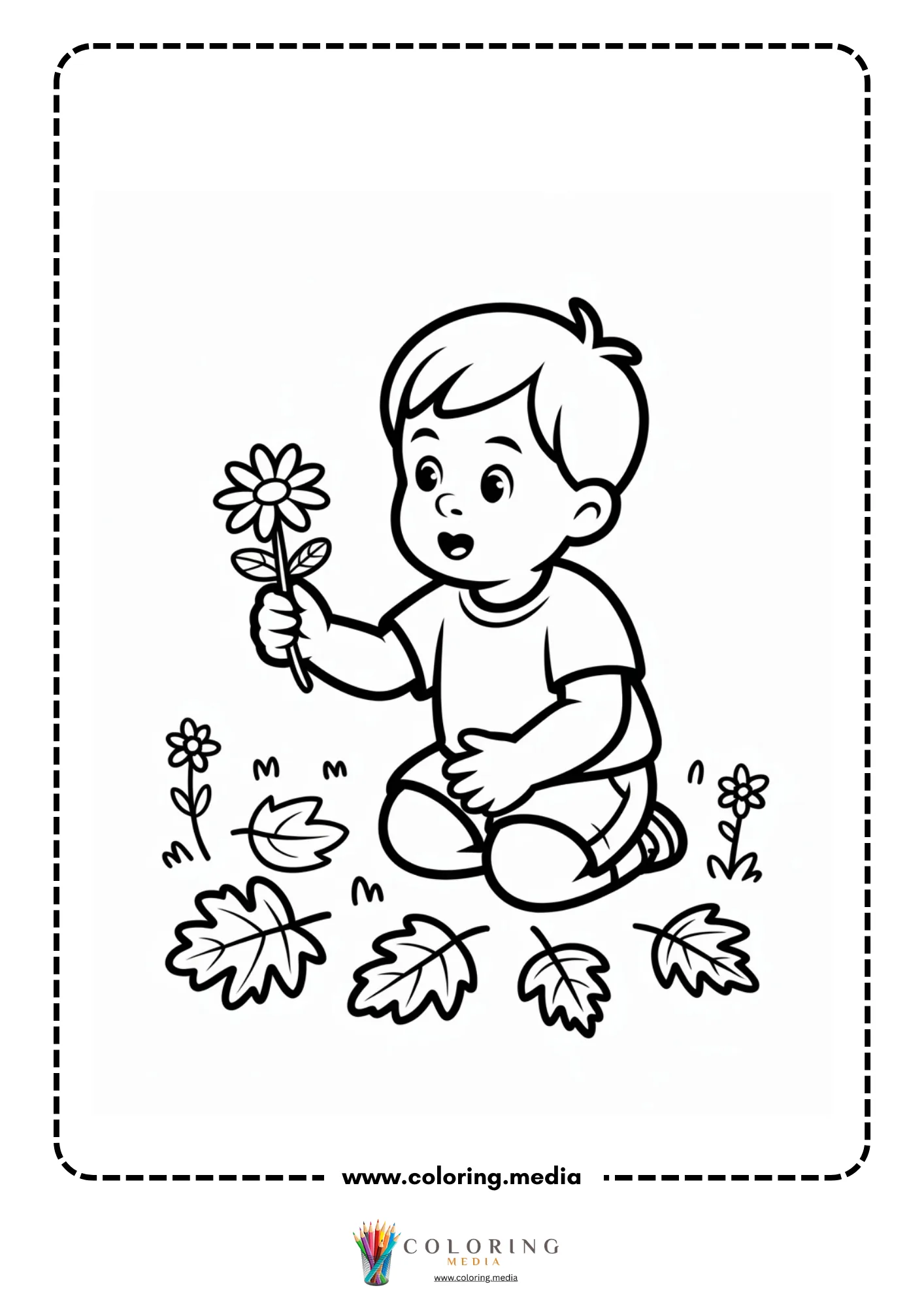 Boy kneeling with flower and leaves