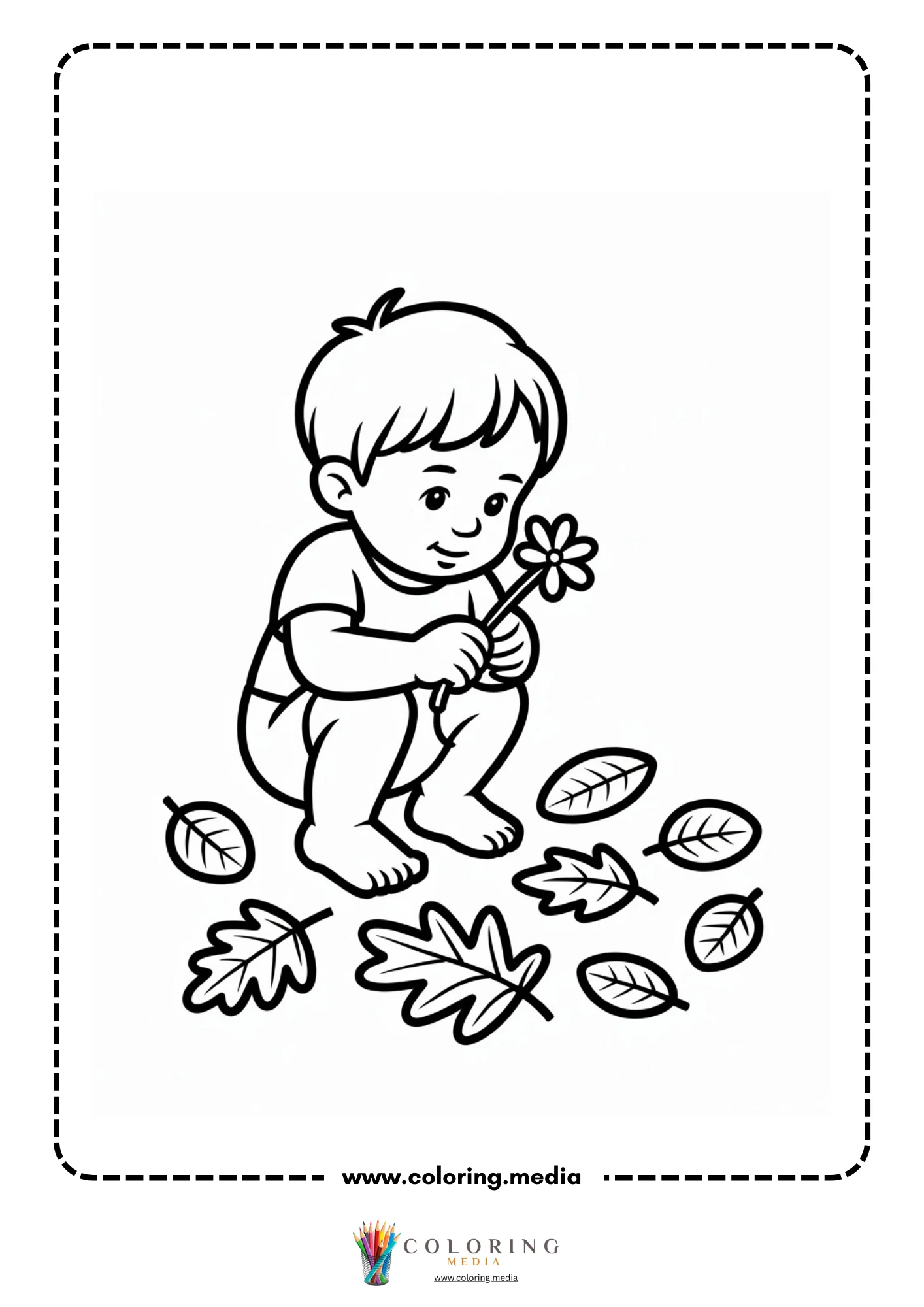 Boy kneeling with flower and leaves