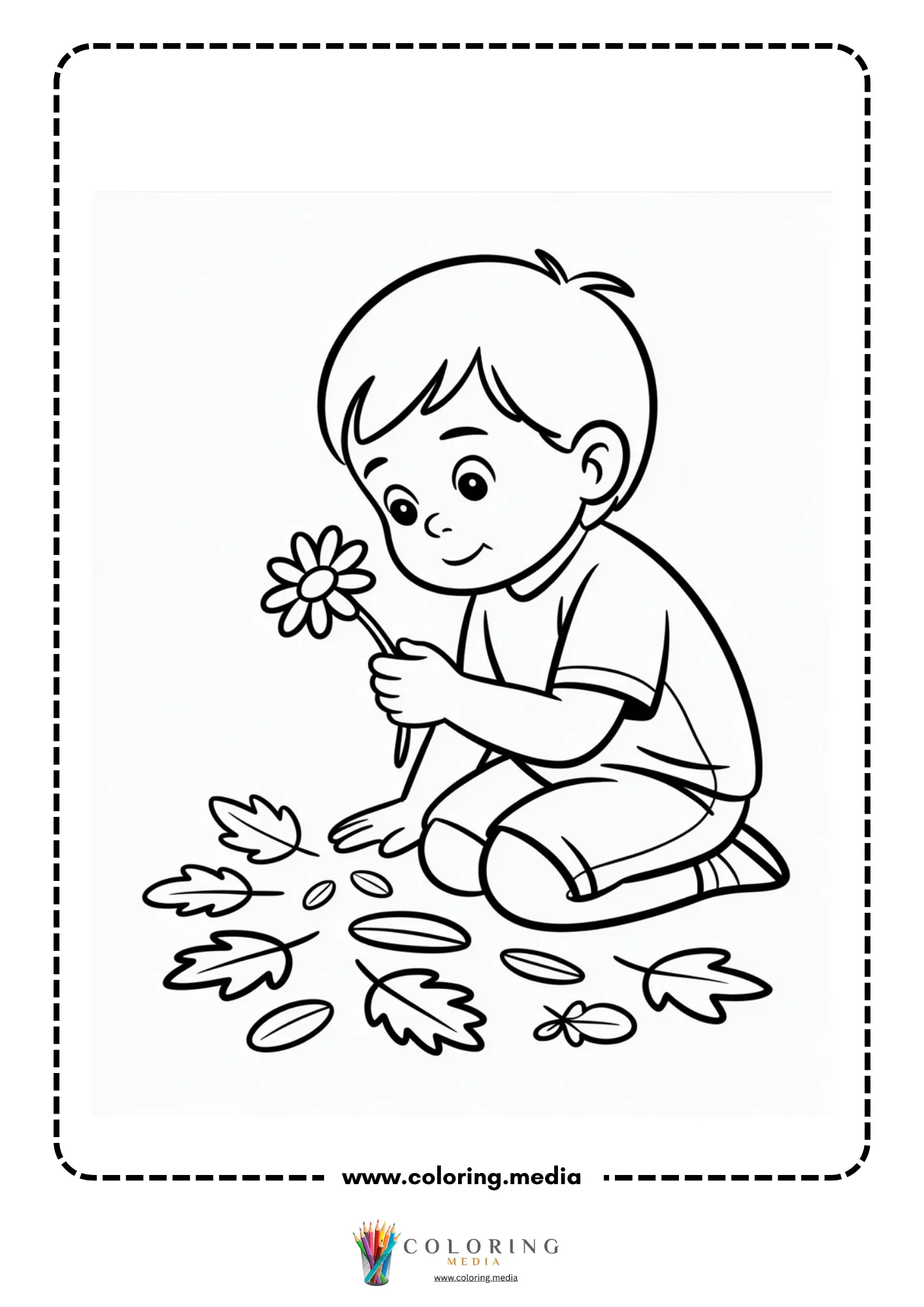 Boy studying flower among leaves