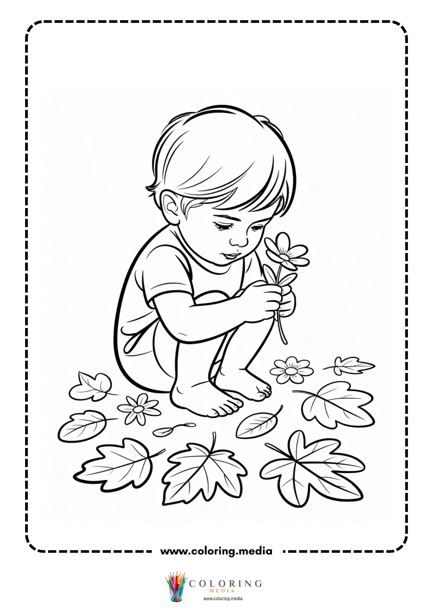 Child holding flower near scattered leaves