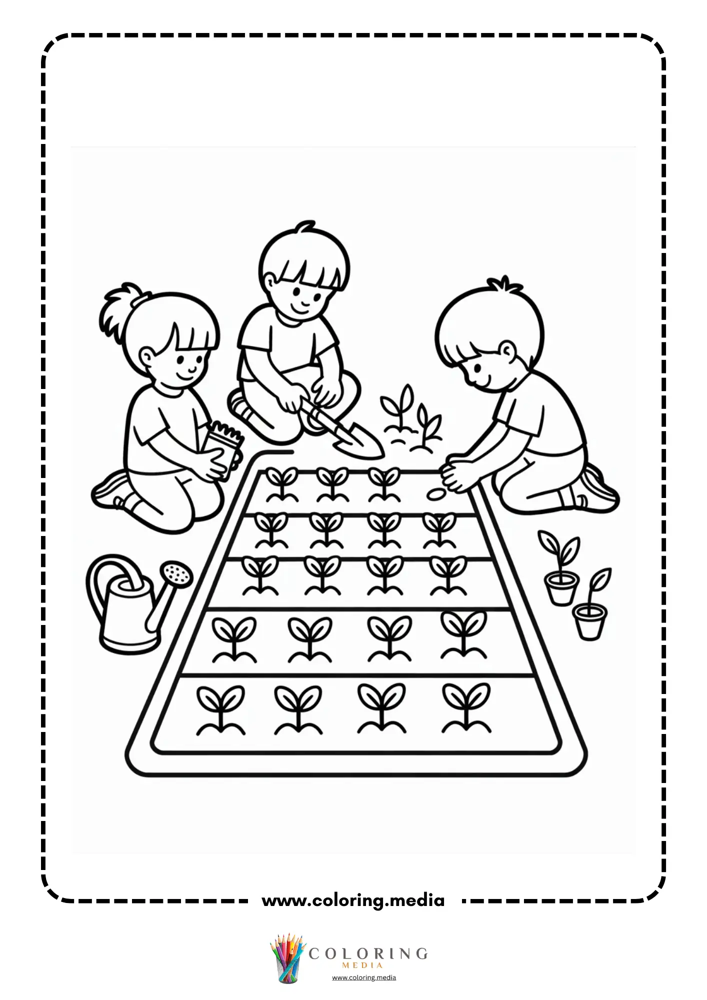 Children planting seedlings with trowels