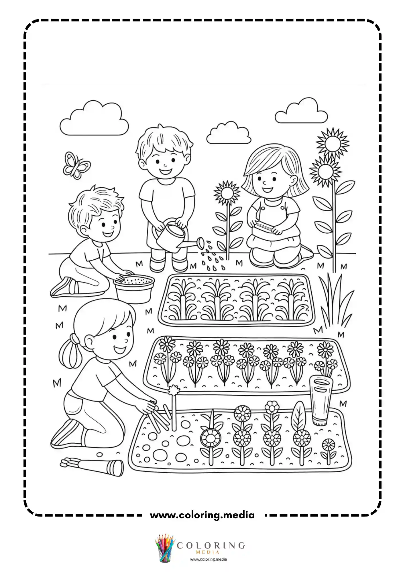 Children tending rows of seedlings