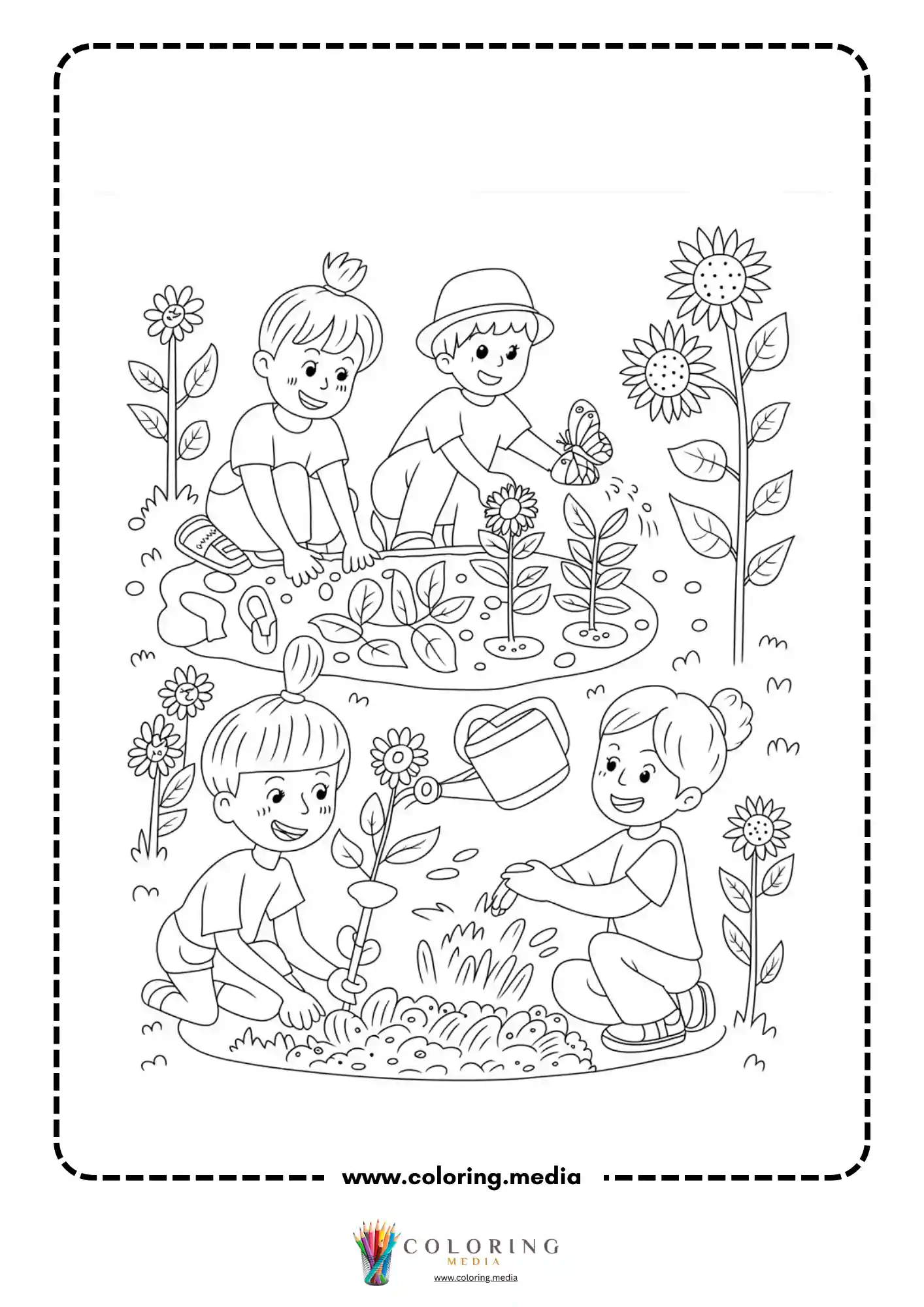 Children planting seedlings in sunny garden