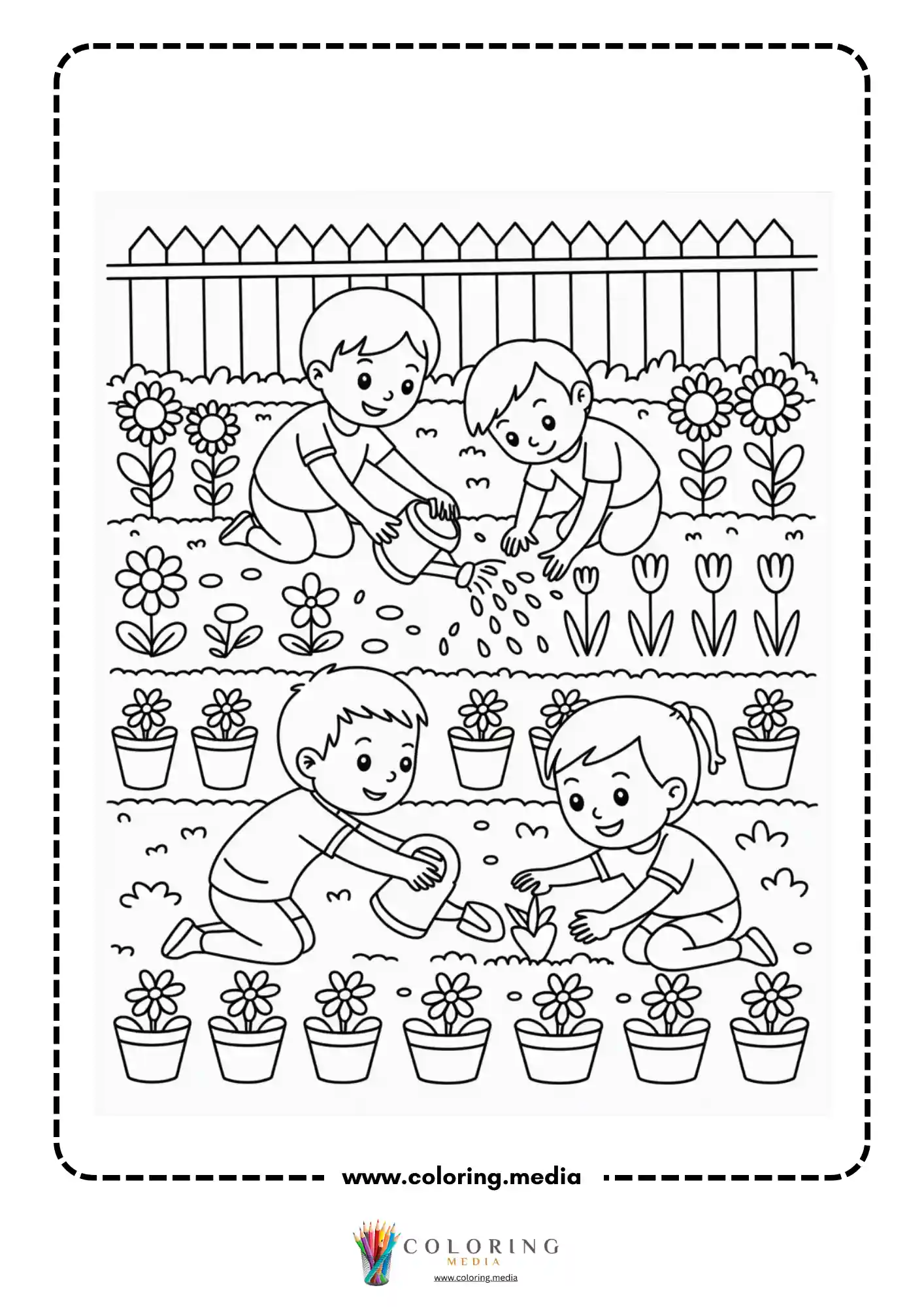 Children working in flower garden