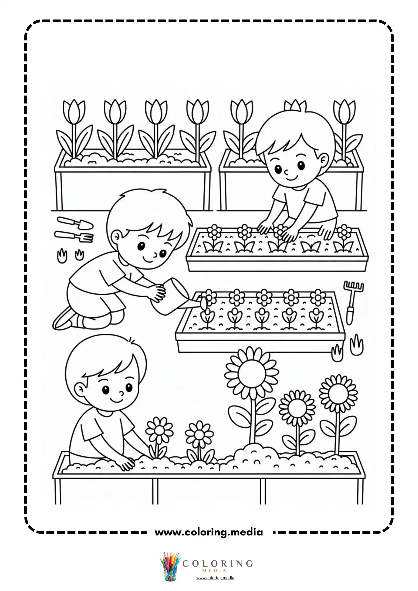 Children watering flower beds together