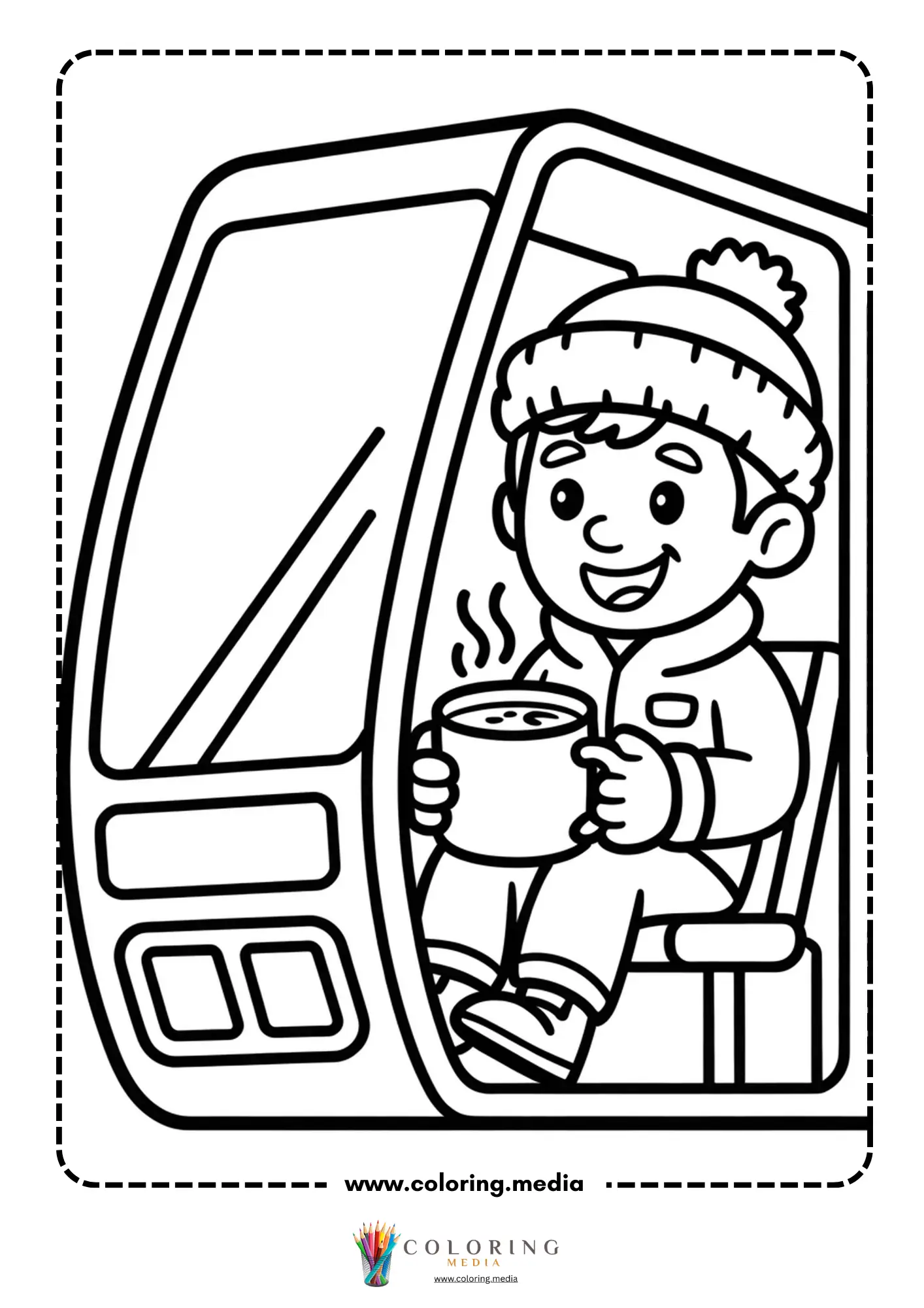 Child in excavator holding hot cocoa