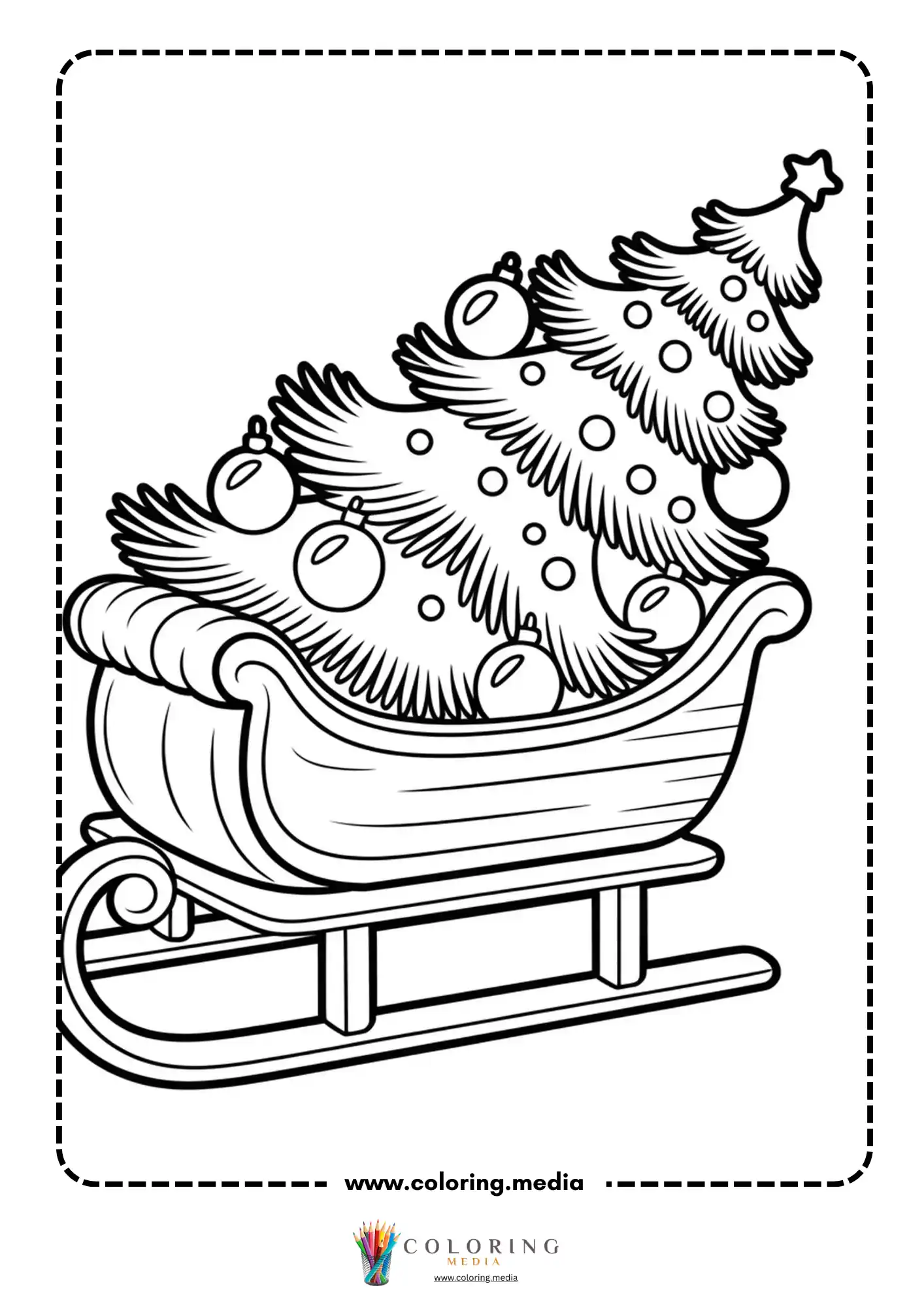 Sleigh carrying decorated Christmas tree