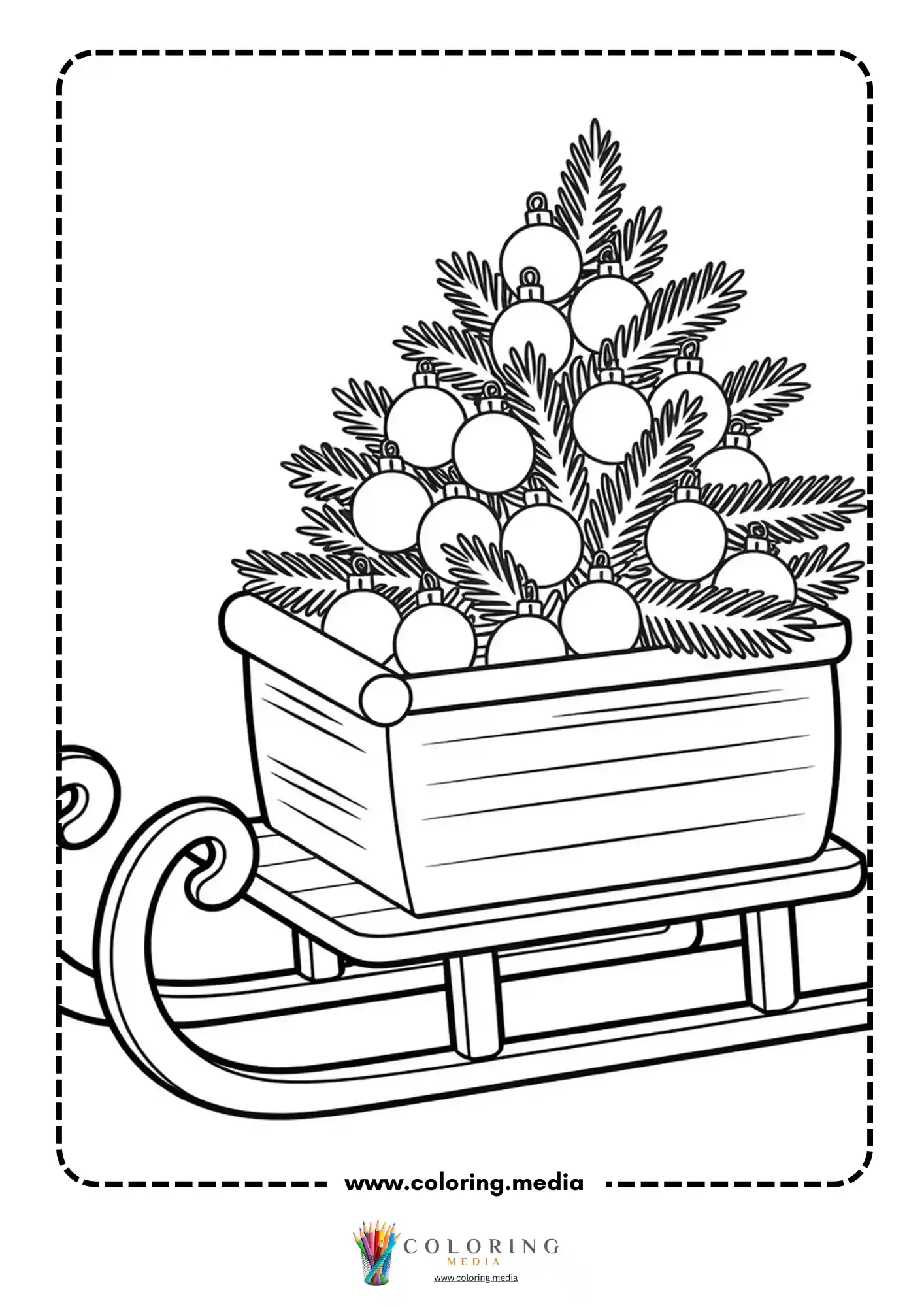 Sleigh with ornament branches in crate