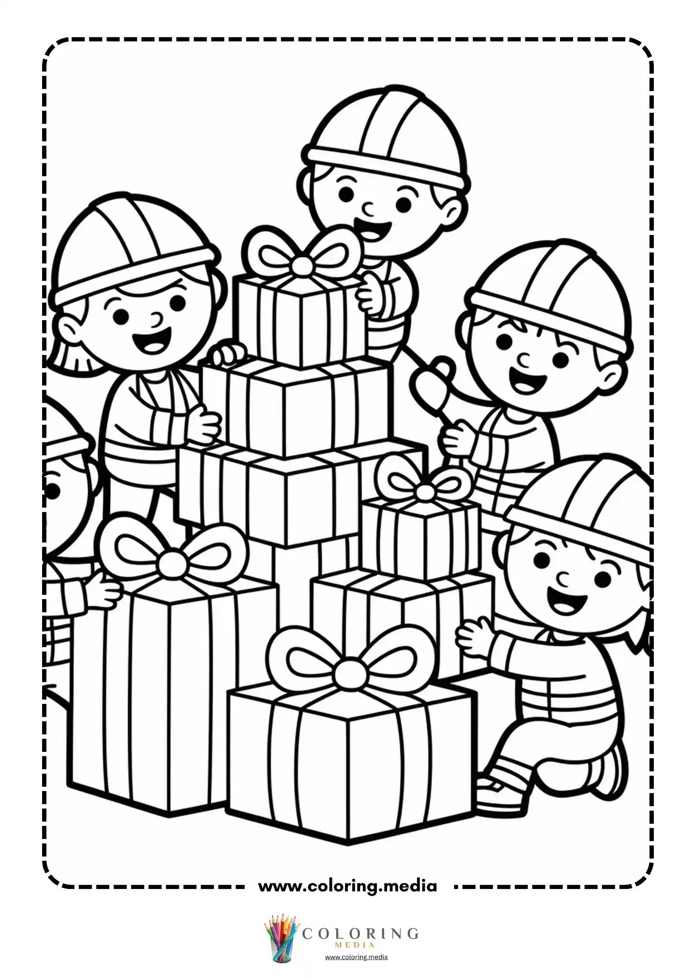 Builders stacking wrapped presents