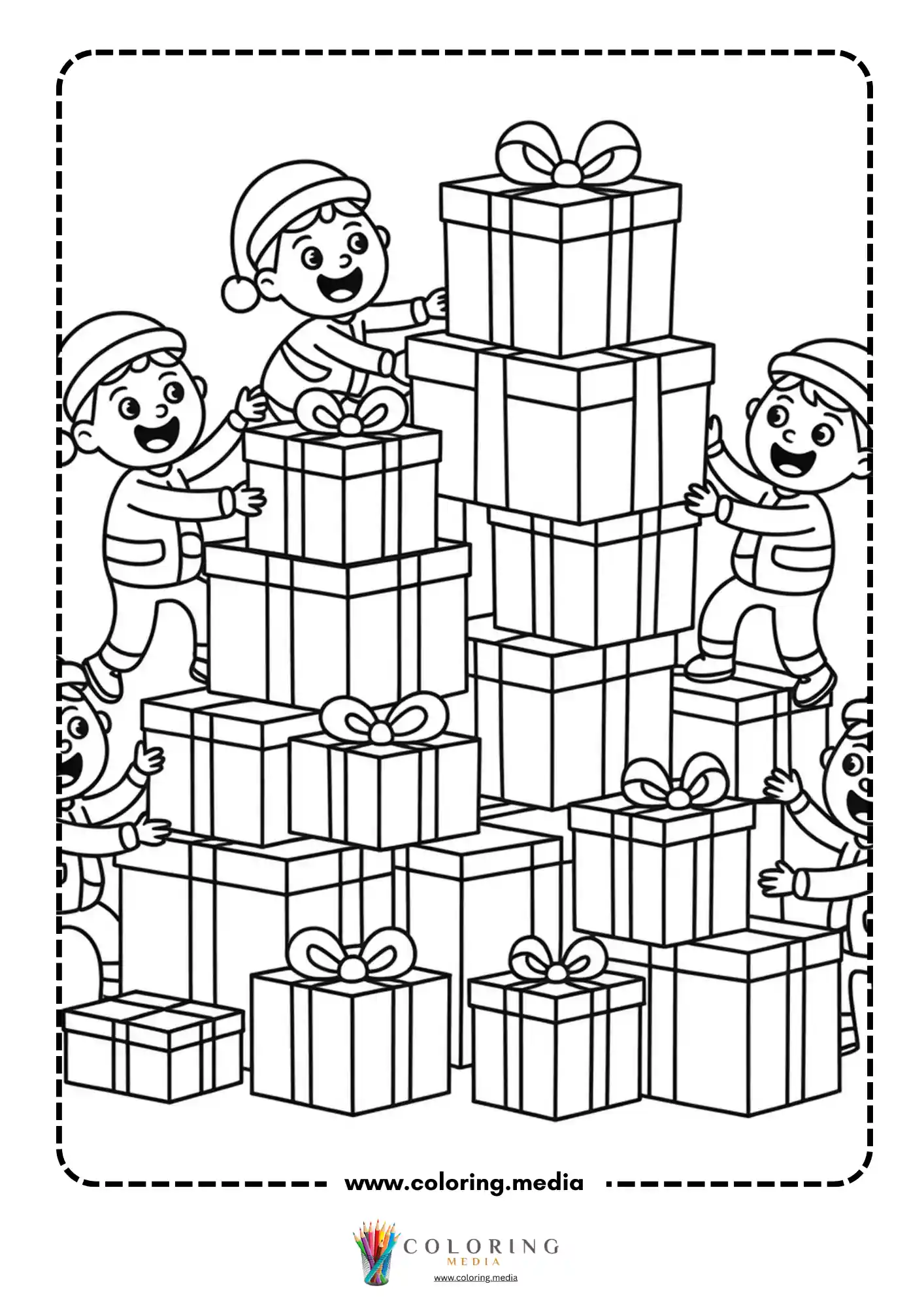 Workers building a tower of gifts