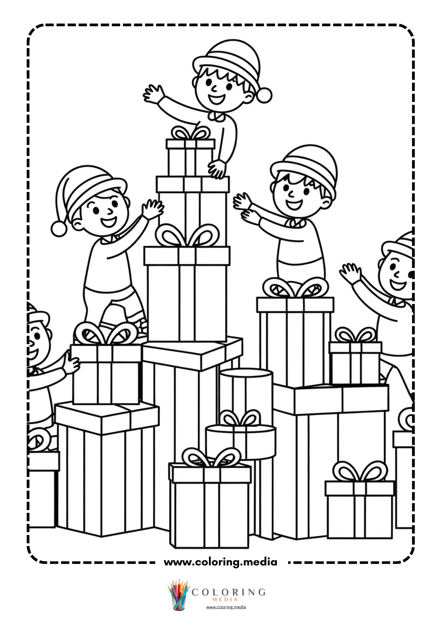 Elves arranging tall gift stacks