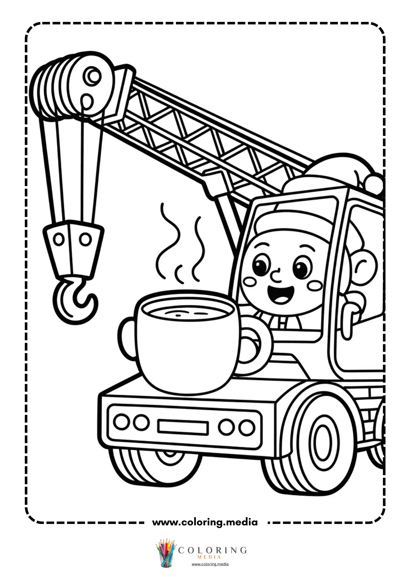 Crane truck lifting hot cocoa mug