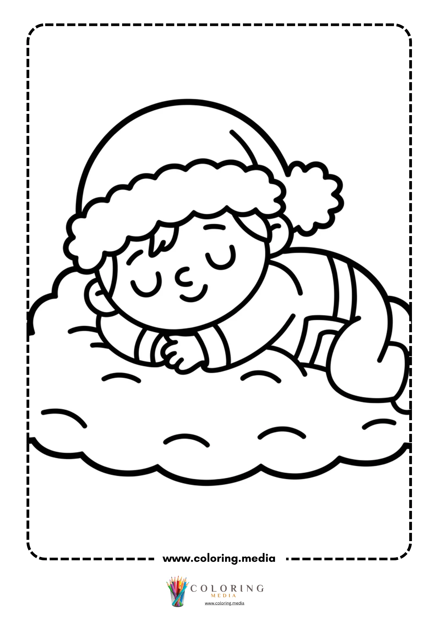 Sleeping elf in Santa hat on snow