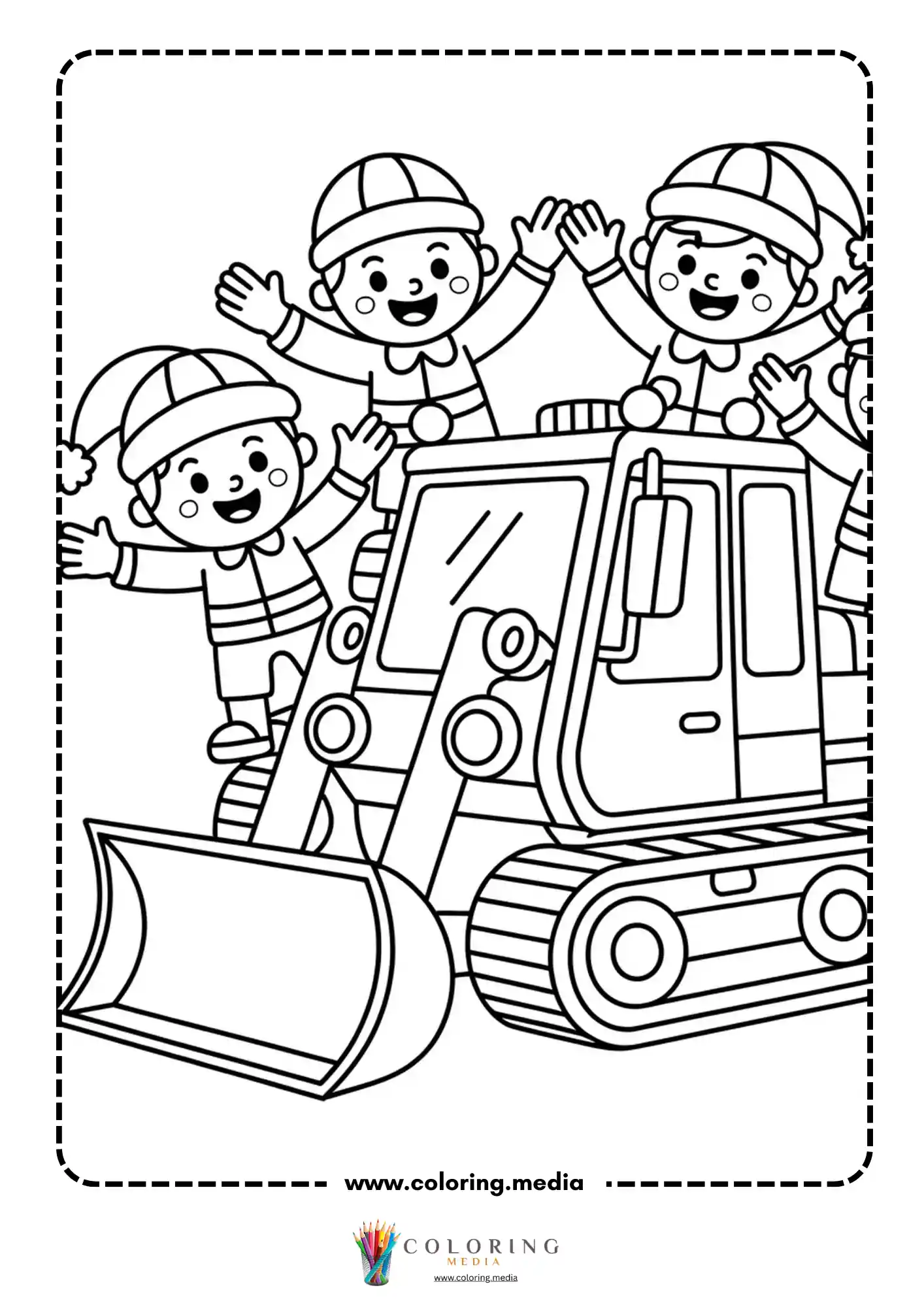 Crew celebrating on bulldozer