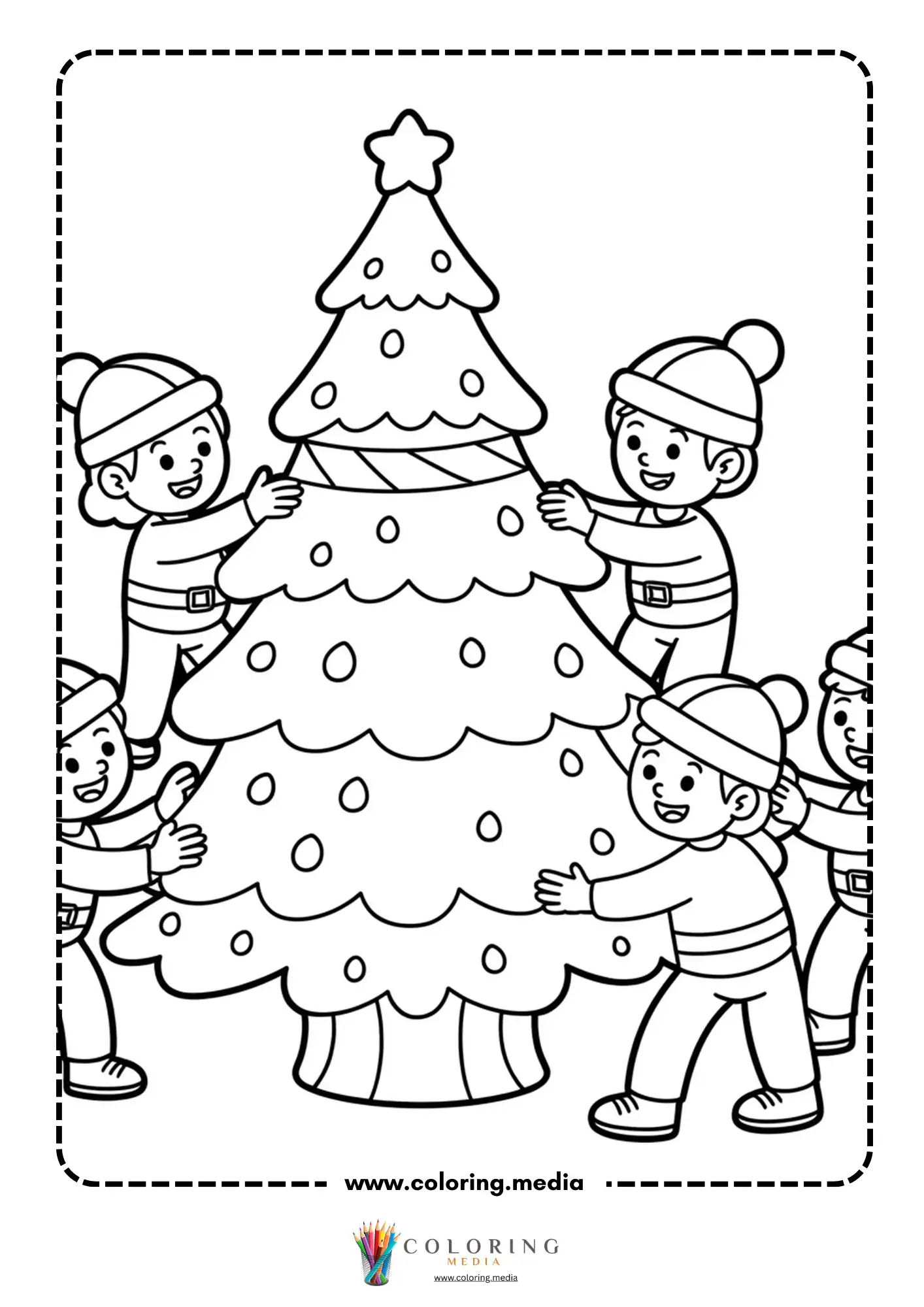 Elves decorating large Christmas tree