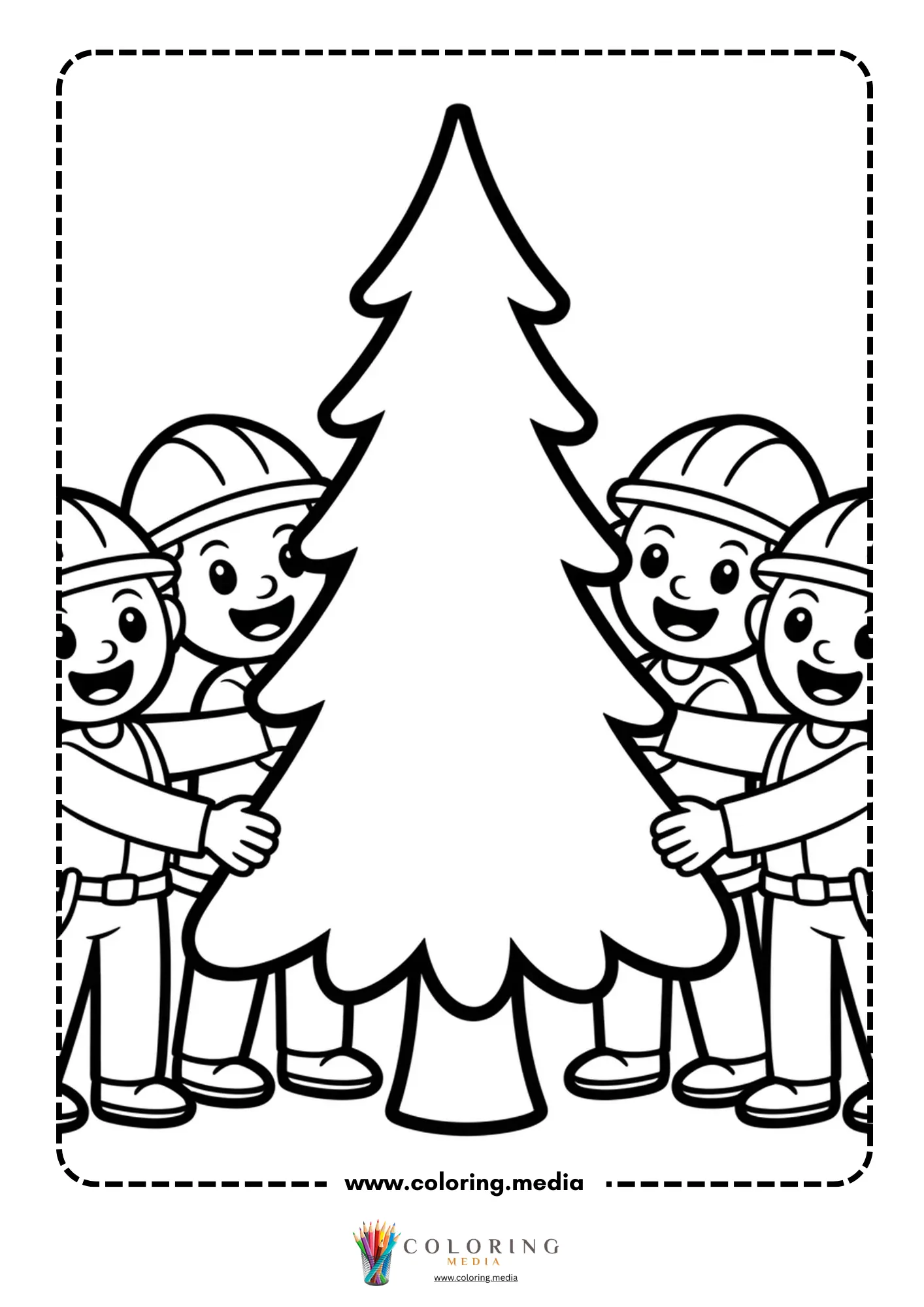 Builders holding plain Christmas tree