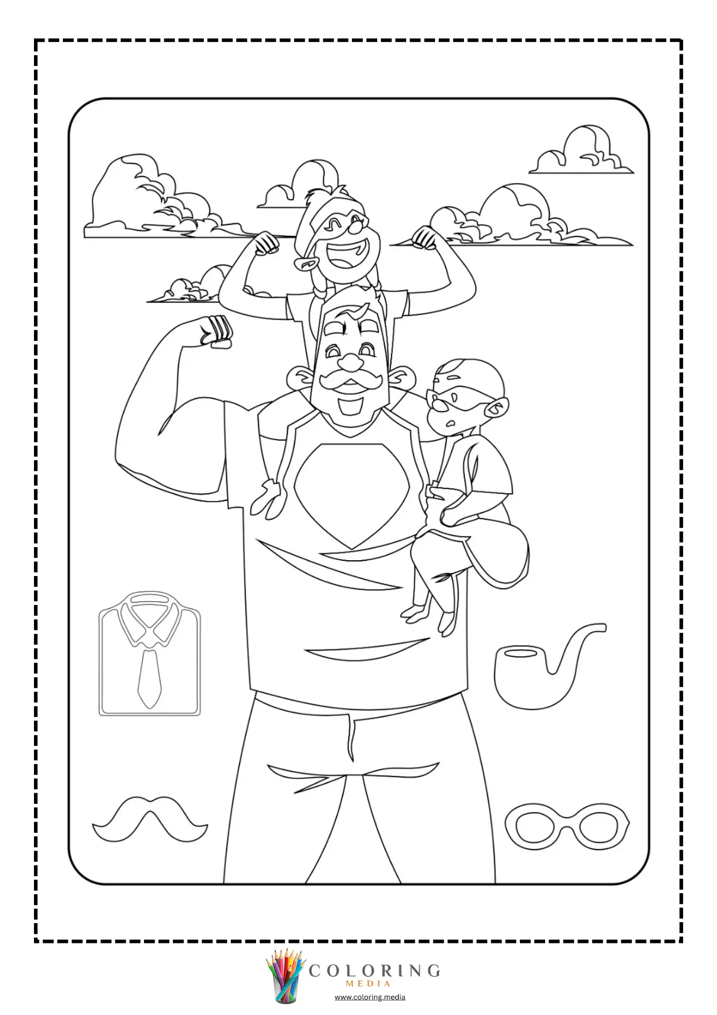 Superhero dad carrying two children