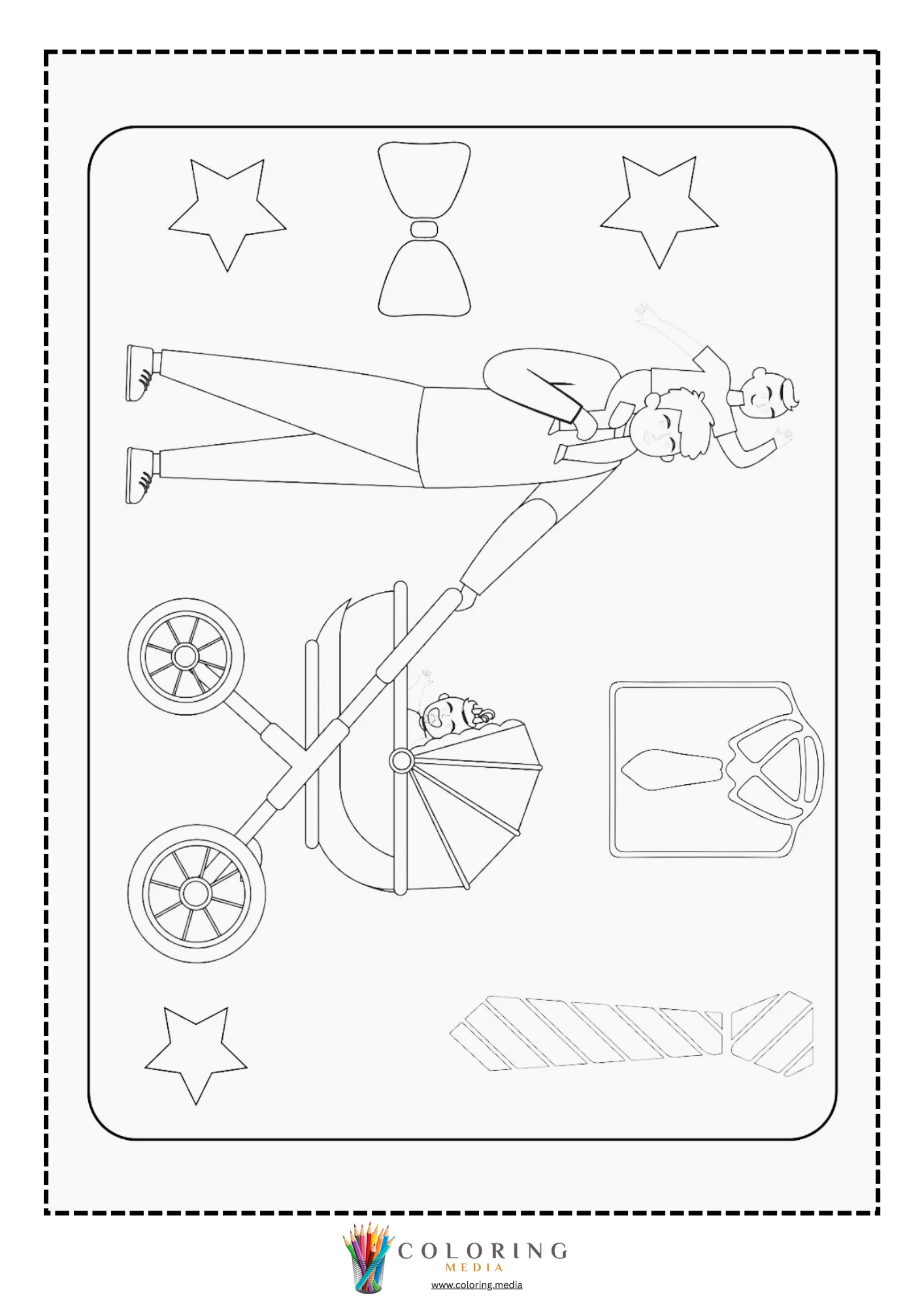 Rotated dad pushing stroller