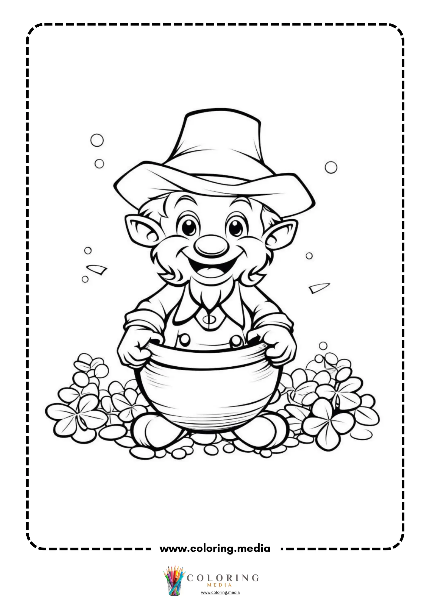 Leprechaun holding pot among clovers
