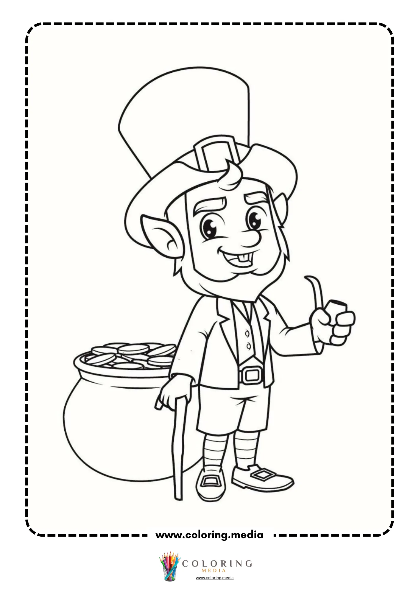 Leprechaun beside pot of gold