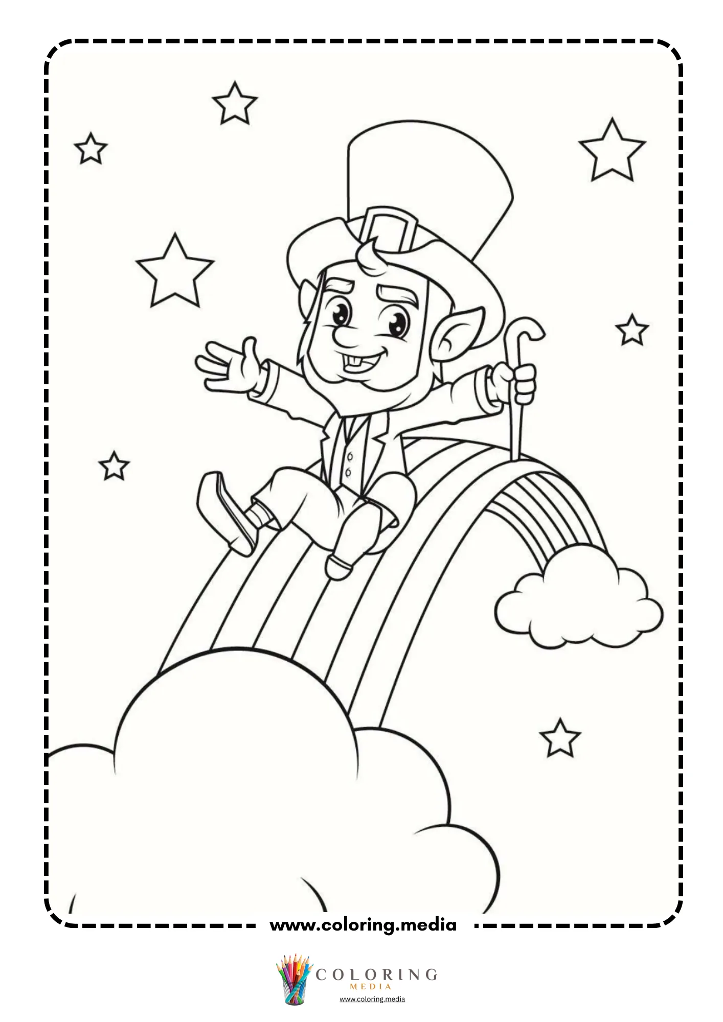 Leprechaun sliding on rainbow