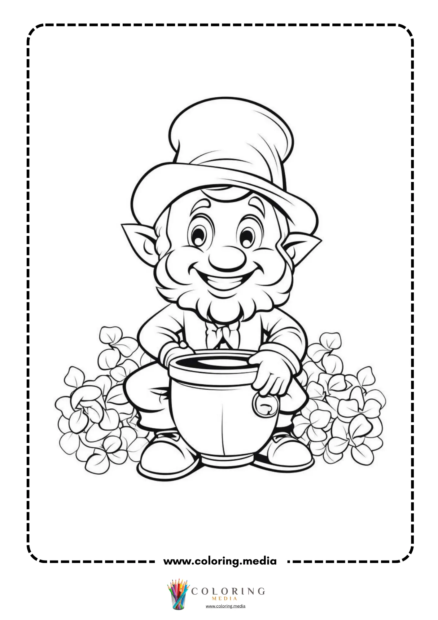 Leprechaun with pot of gold in clovers