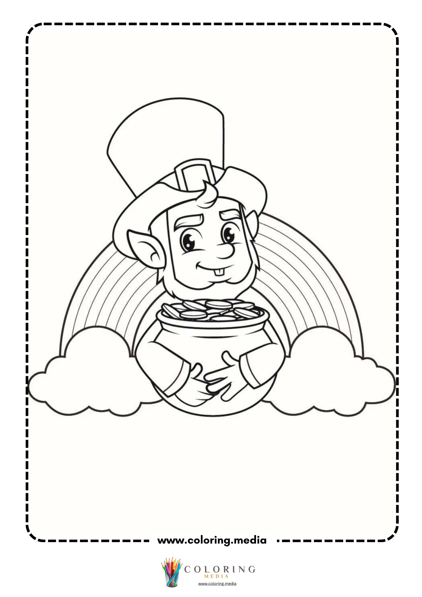 Leprechaun holding gold pot by rainbow