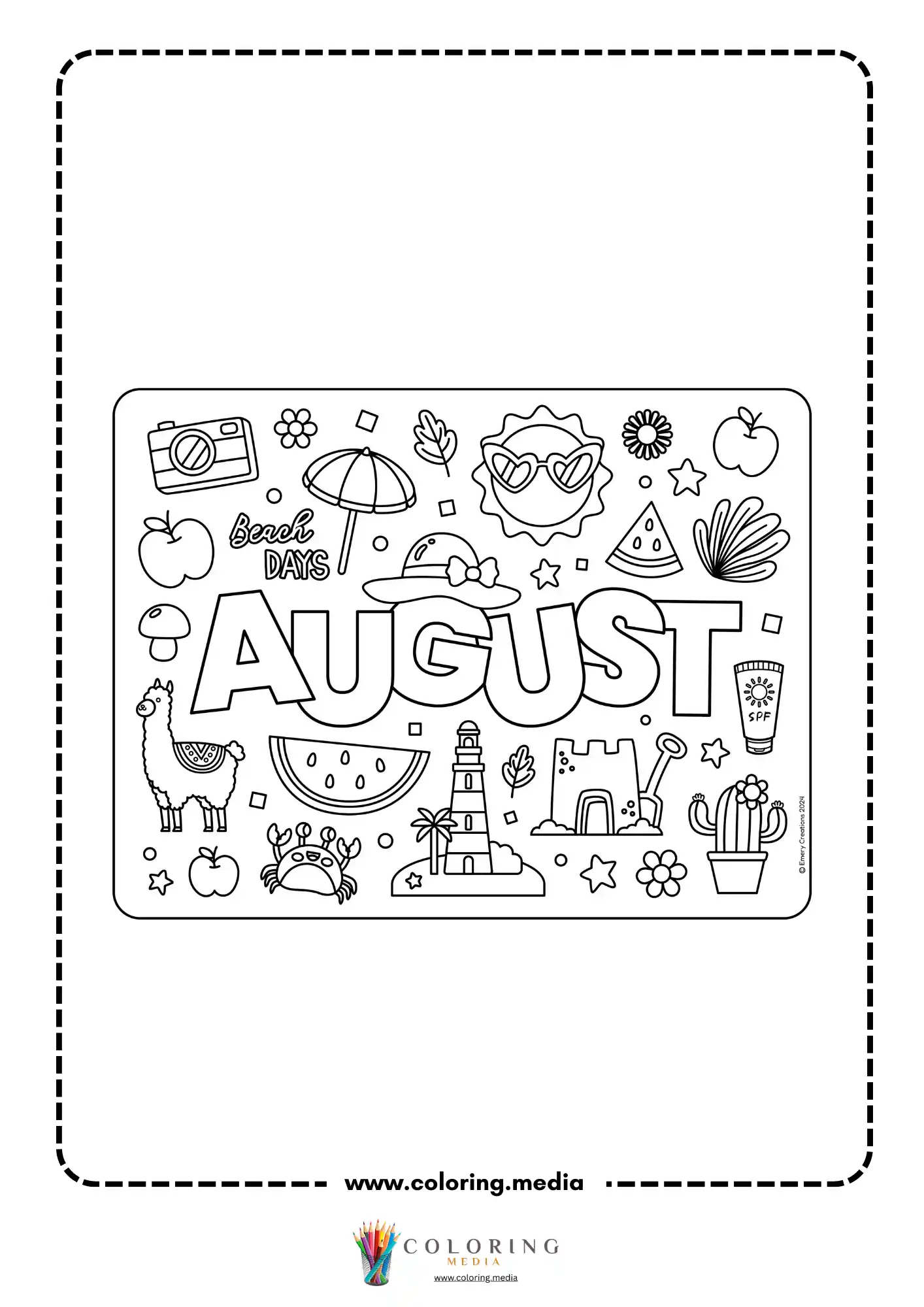 August beach monthly coloring page