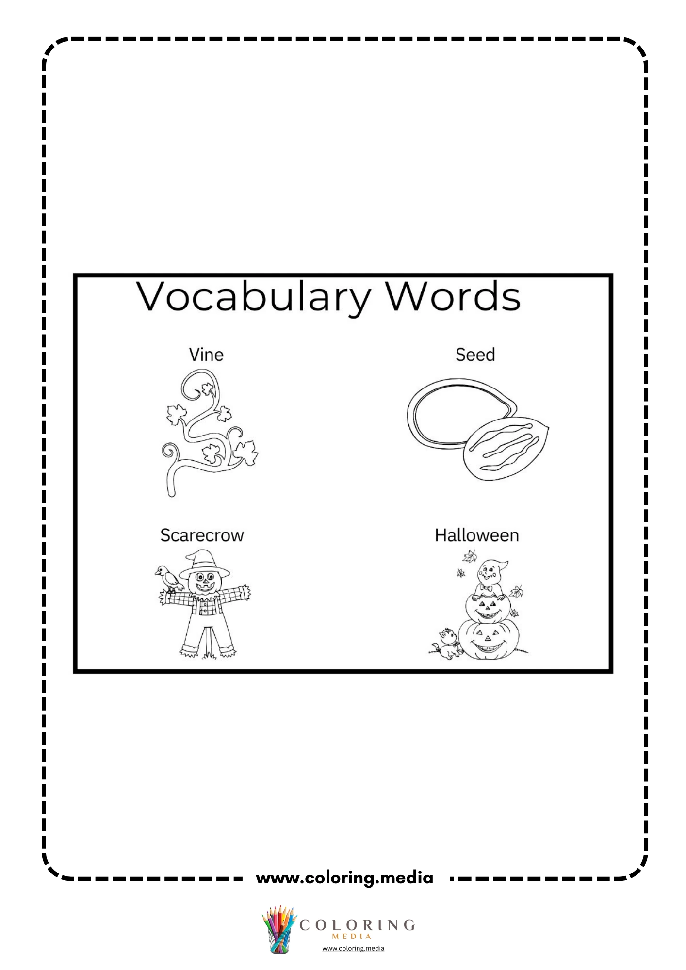 Pumpkin vocabulary words worksheet with vine seed scarecrow and Halloween
