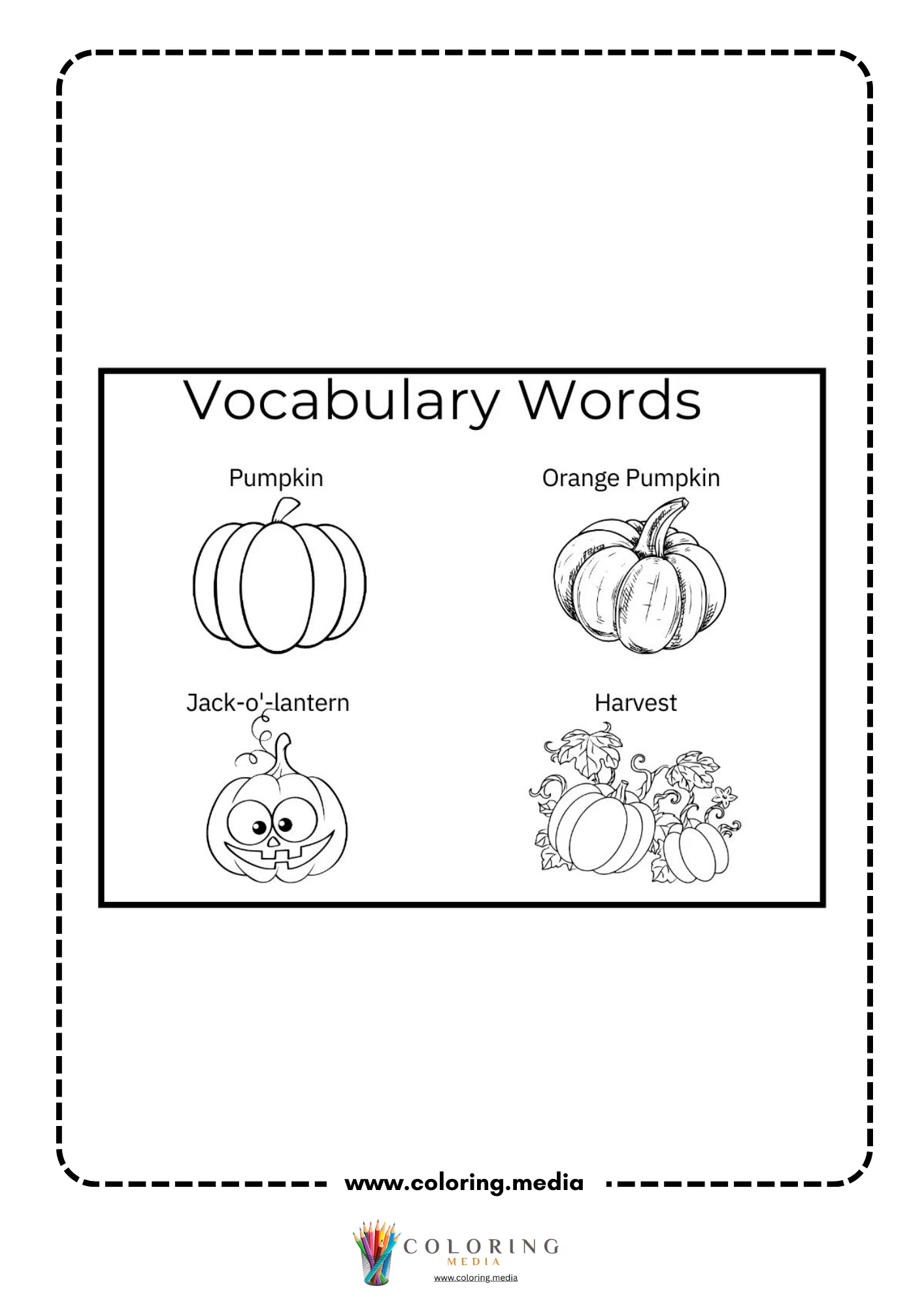 Pumpkin vocabulary words worksheet with pumpkin jack o lantern and harvest