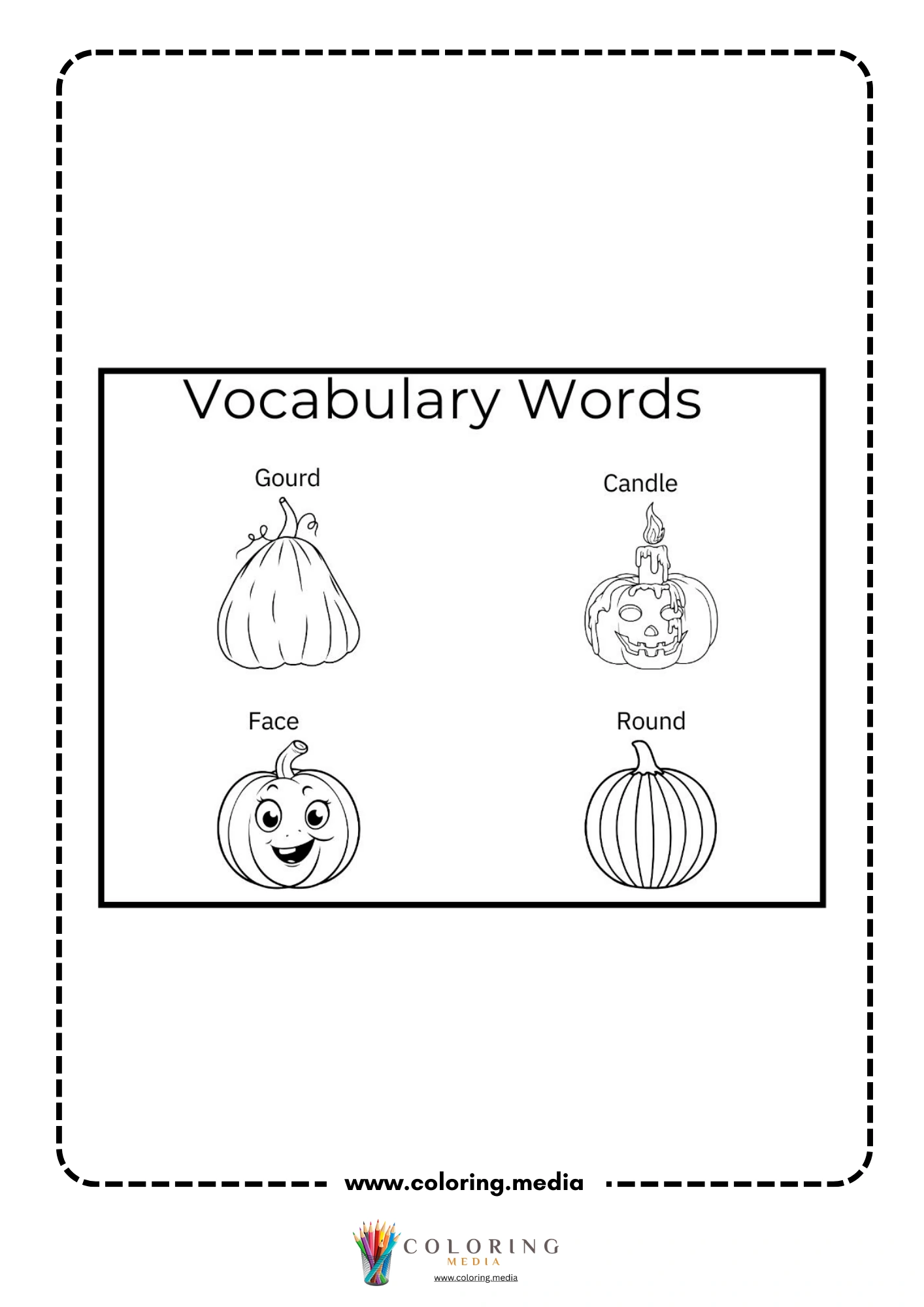 Pumpkin vocabulary words worksheet with gourd candle face and round