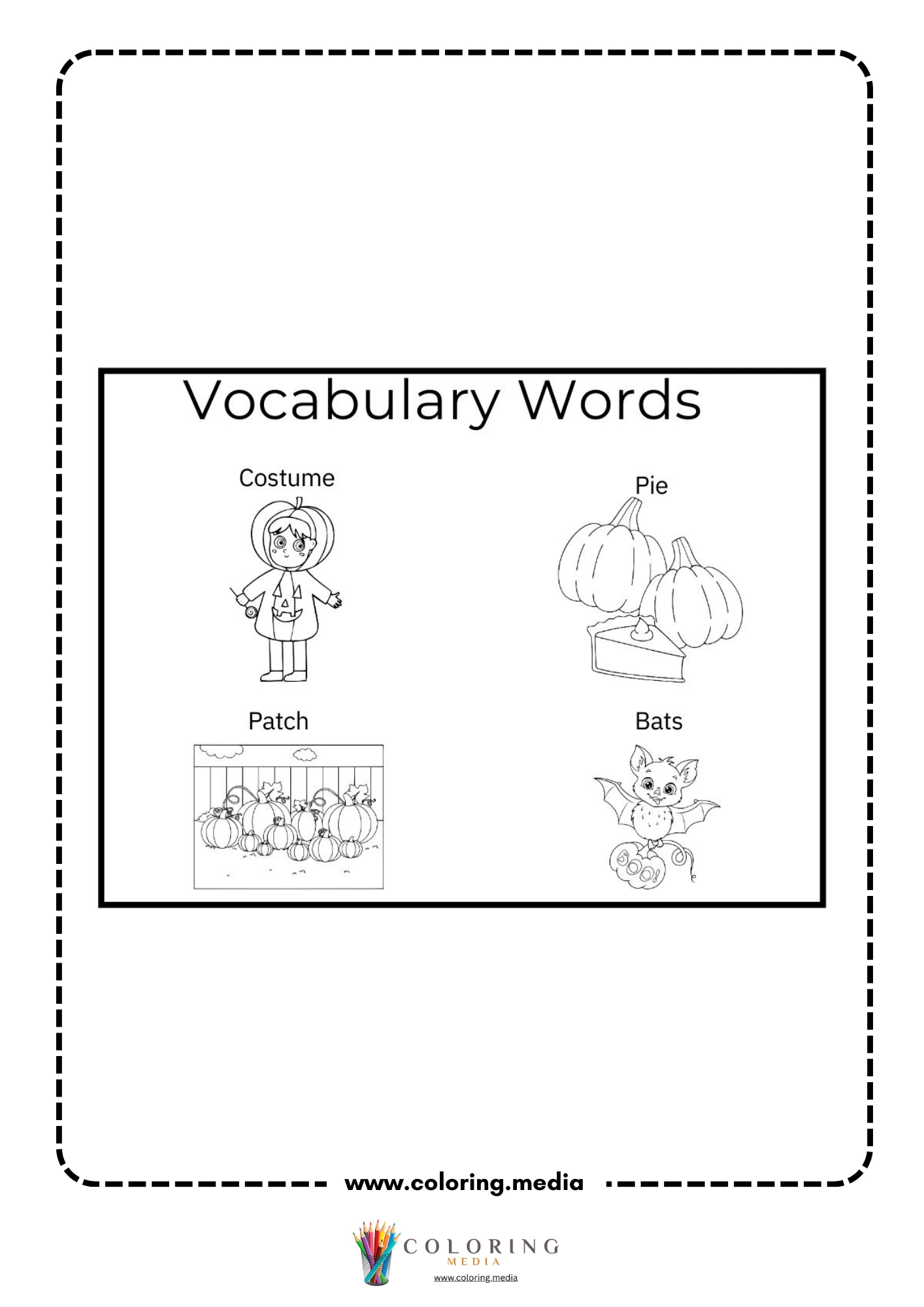 Pumpkin vocabulary words worksheet with costume pie patch and bats