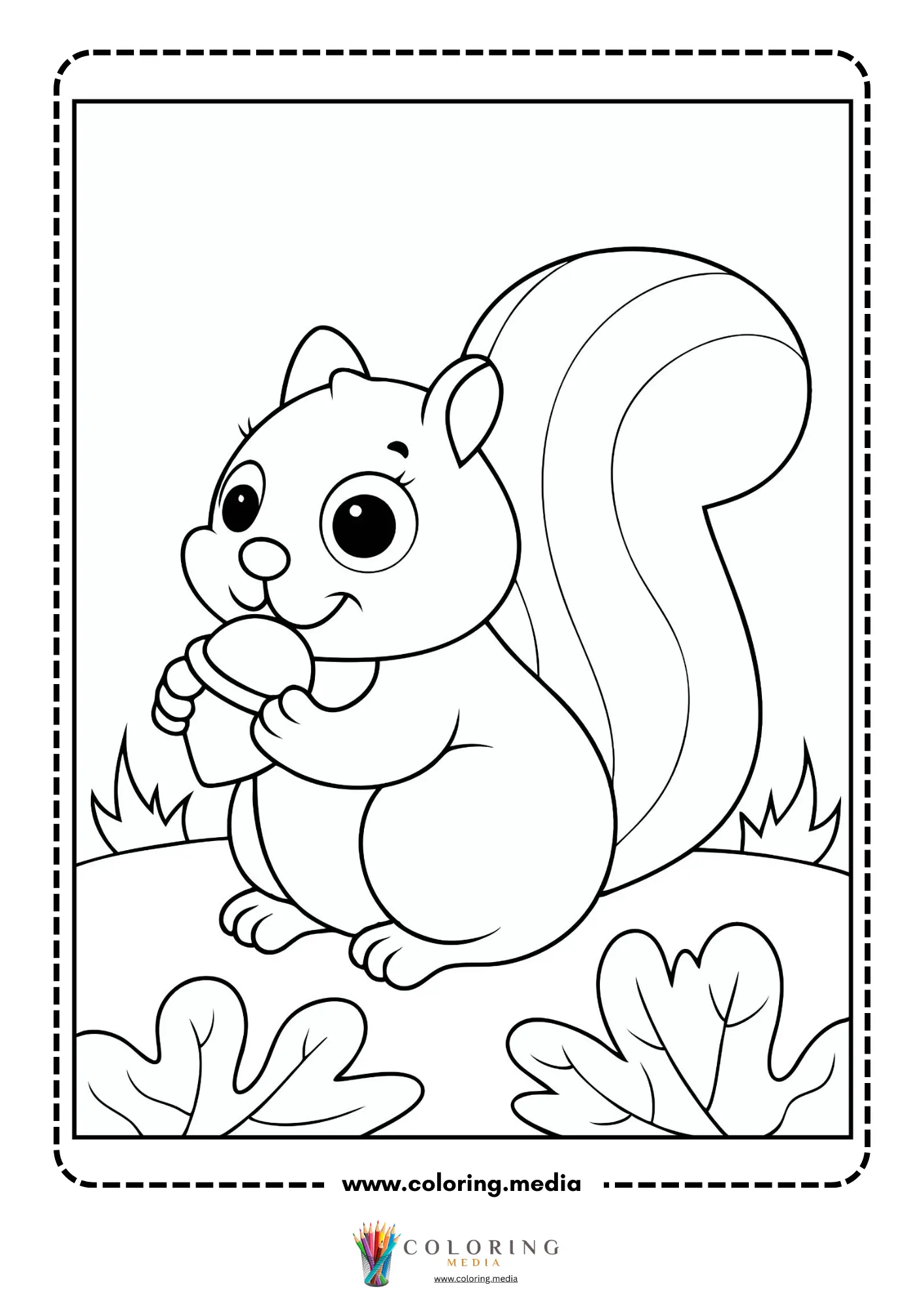 Squirrel holding an acorn on a grassy hill