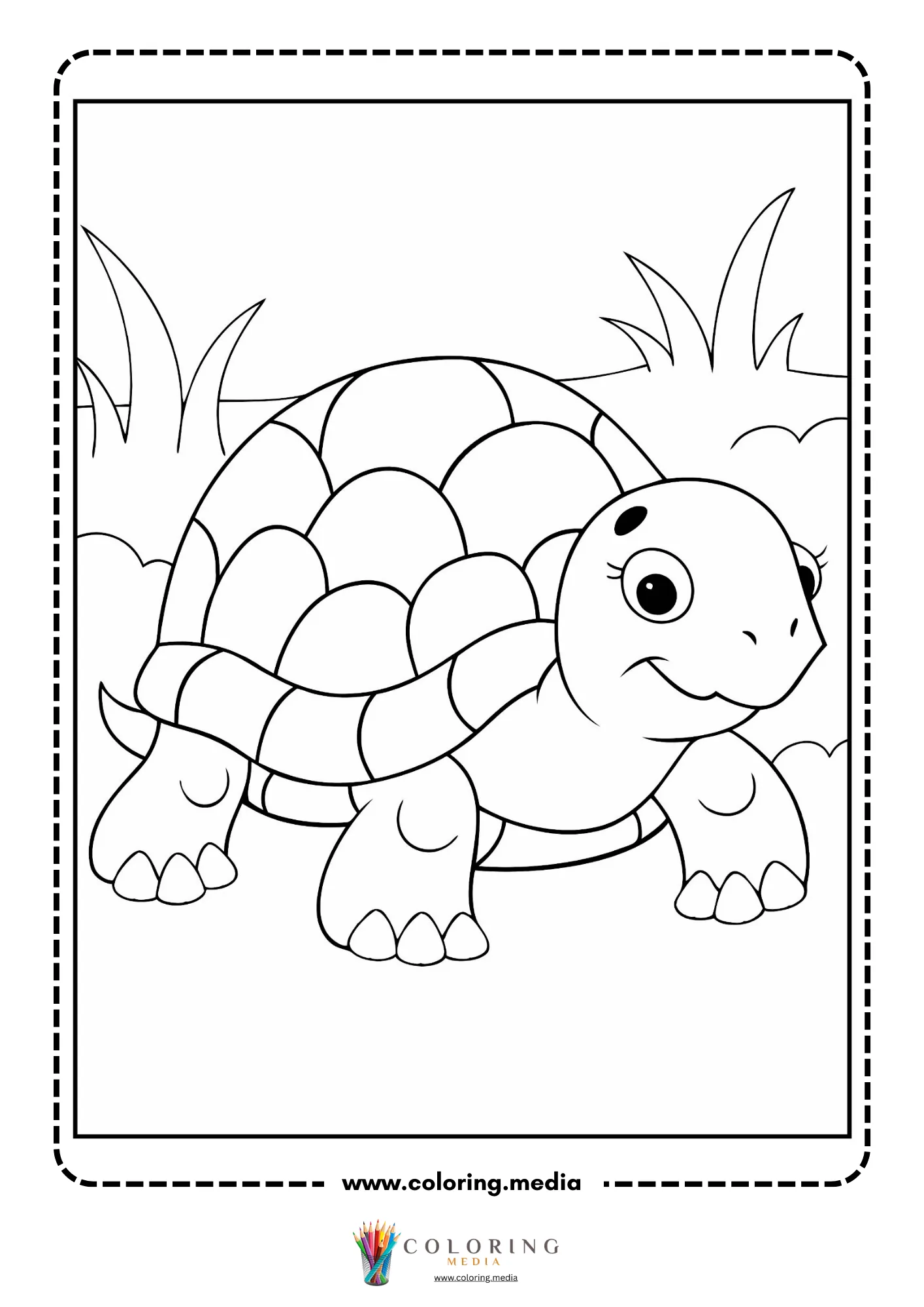 Turtle walking through grass and plants