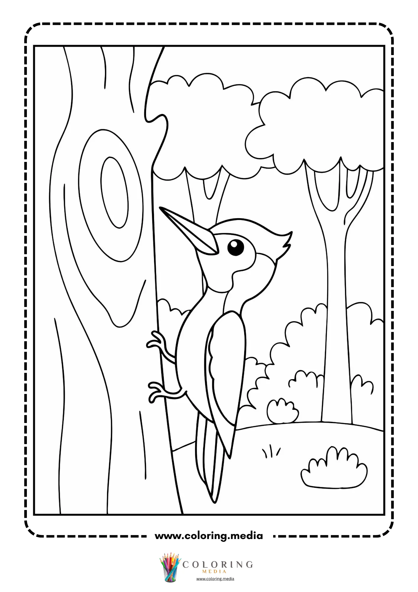 Woodpecker clinging to a tree trunk