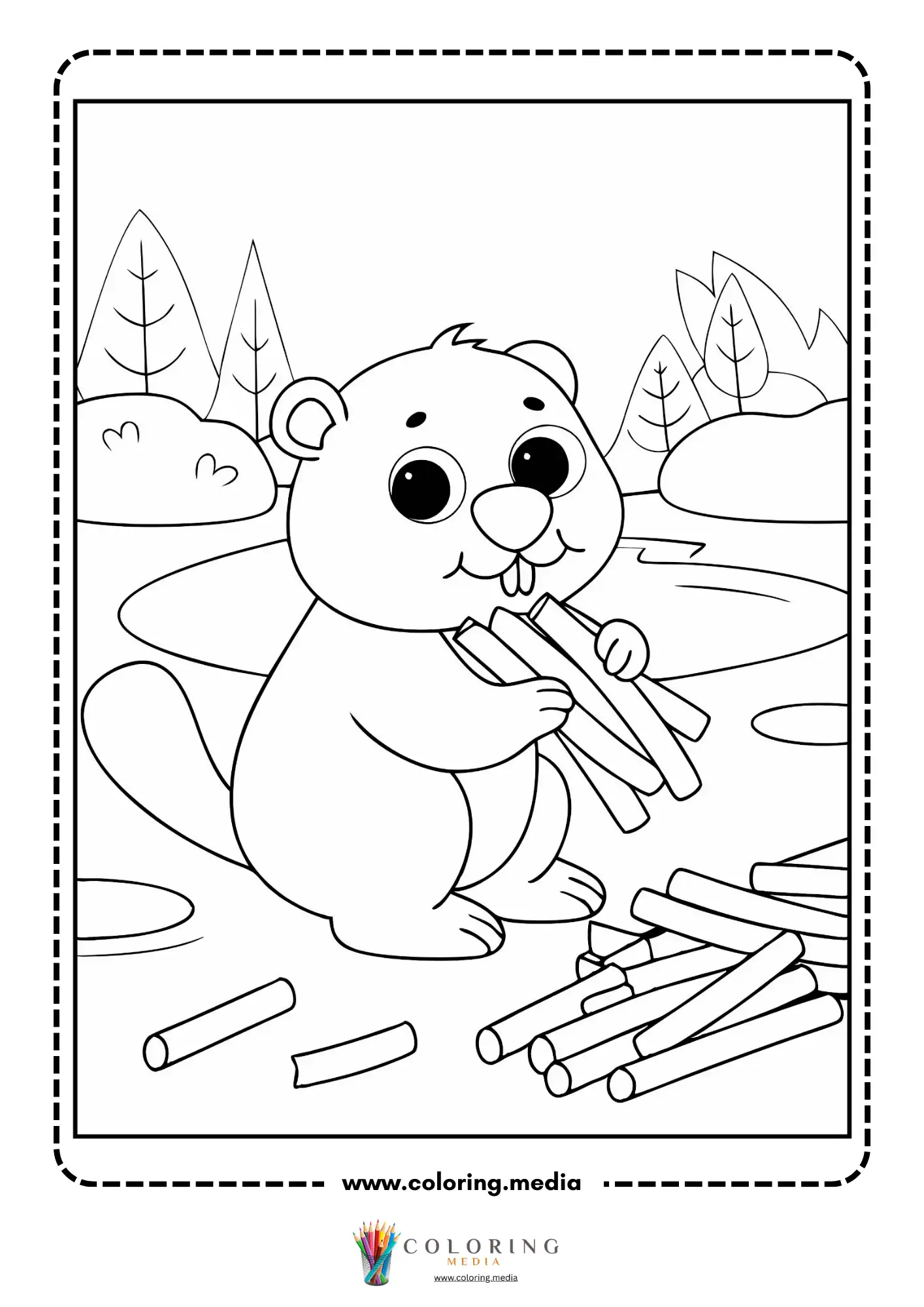 Beaver holding sticks beside a pond