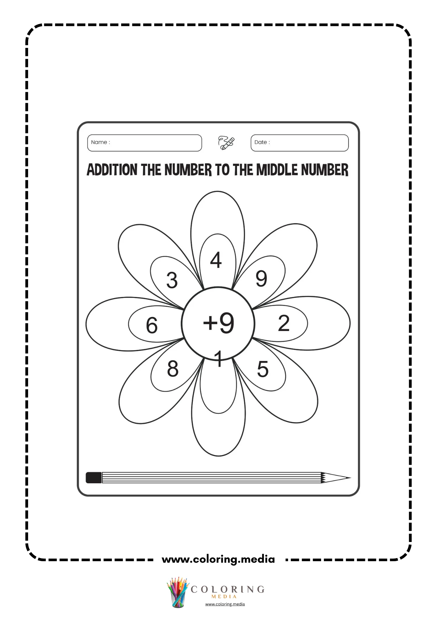 Addition flower worksheet page 1 with plus 9