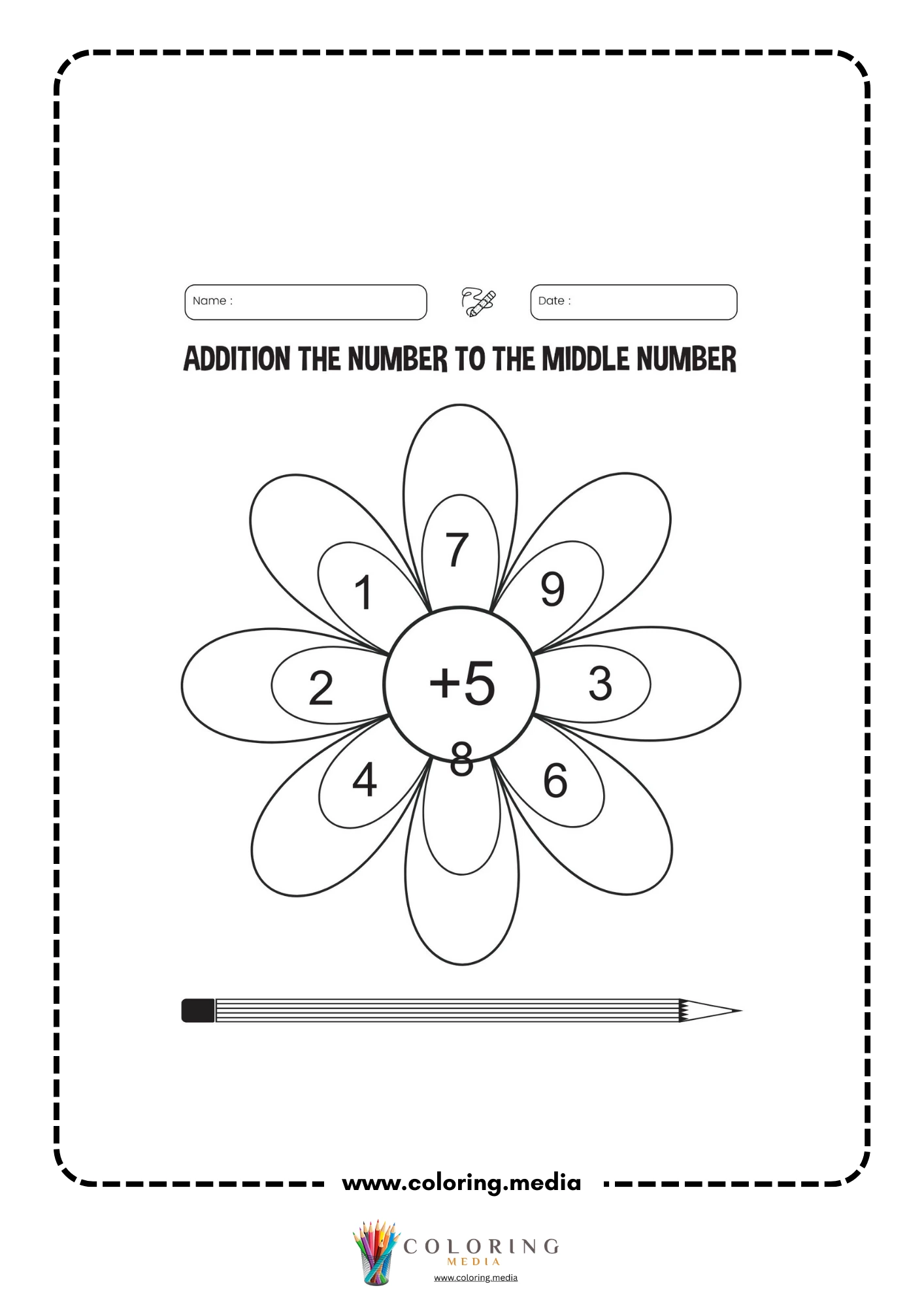 Addition flower worksheet page 2 with plus 5