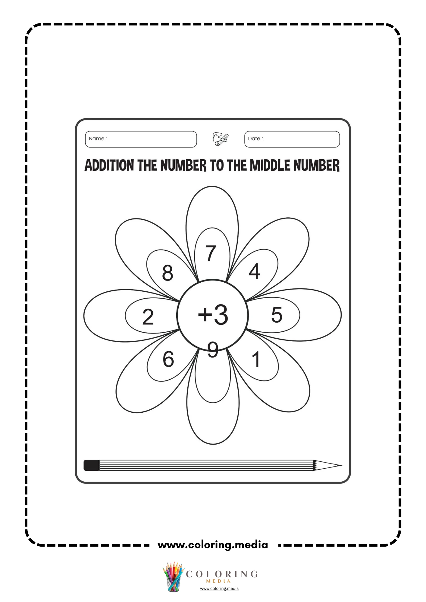 Addition flower worksheet page 4 with plus 3