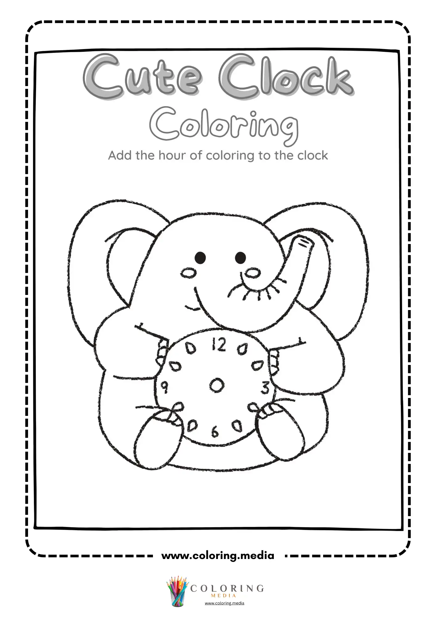 Elephant holding clock coloring worksheet
