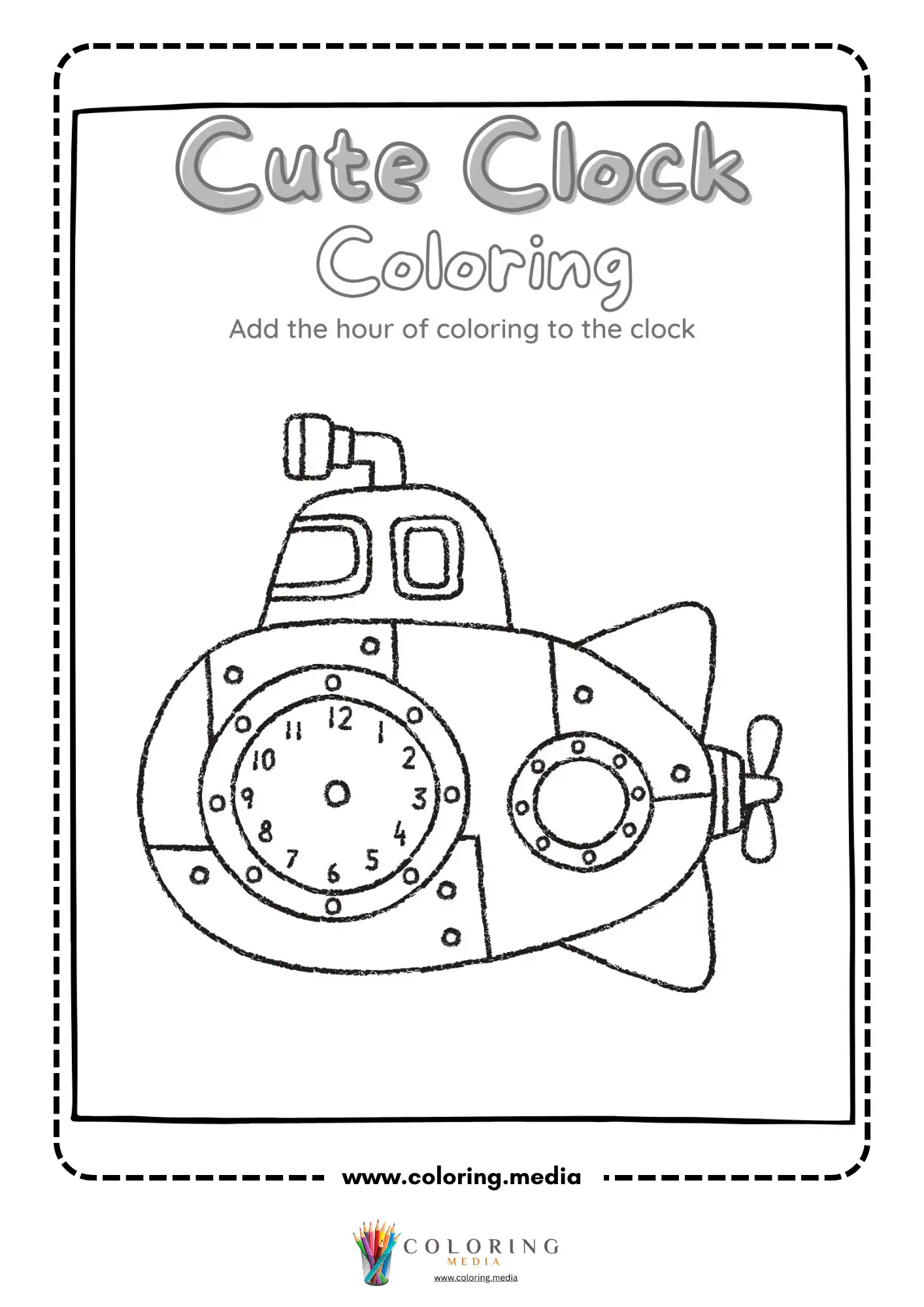 Submarine clock coloring worksheet