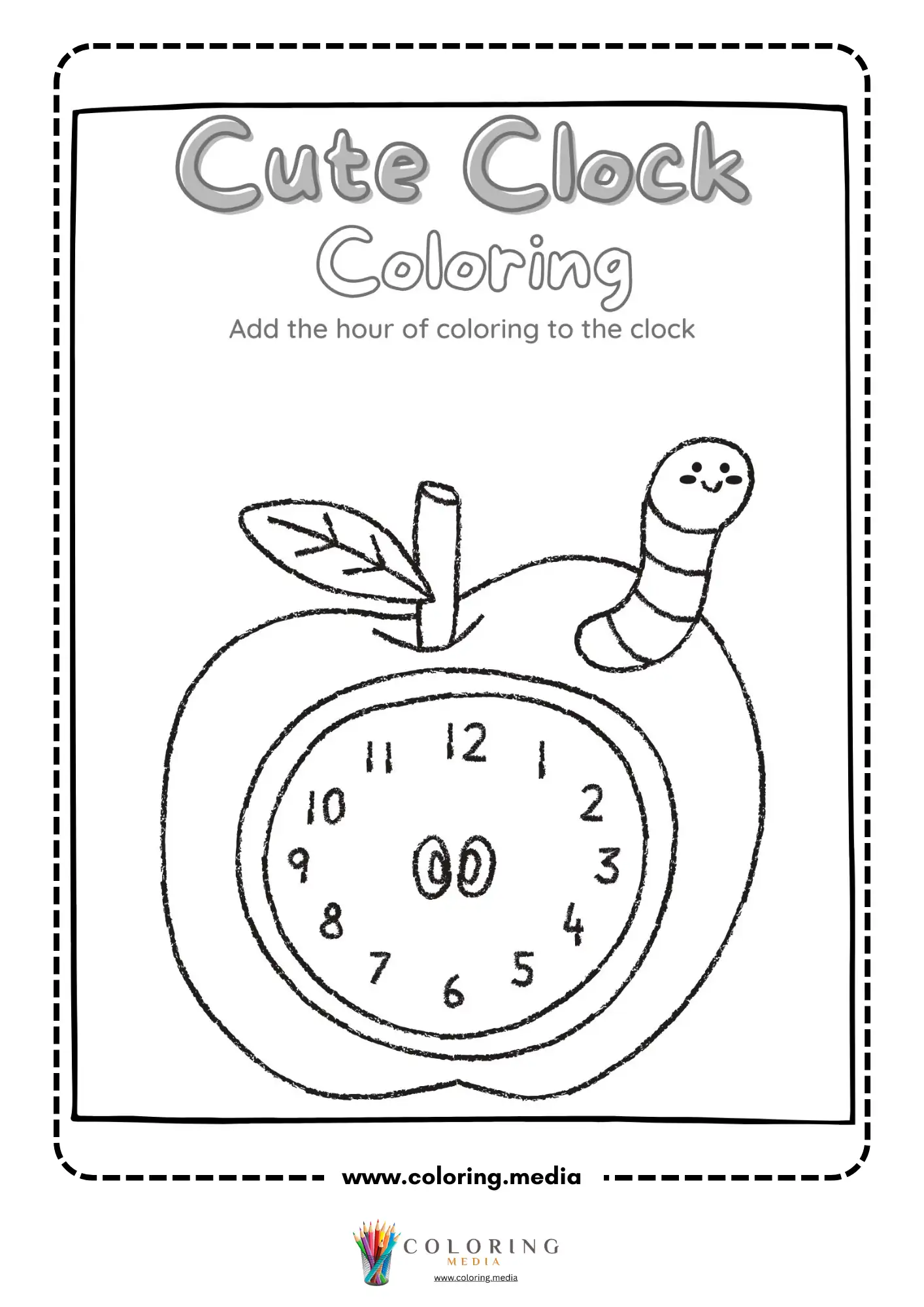 Apple worm clock coloring worksheet