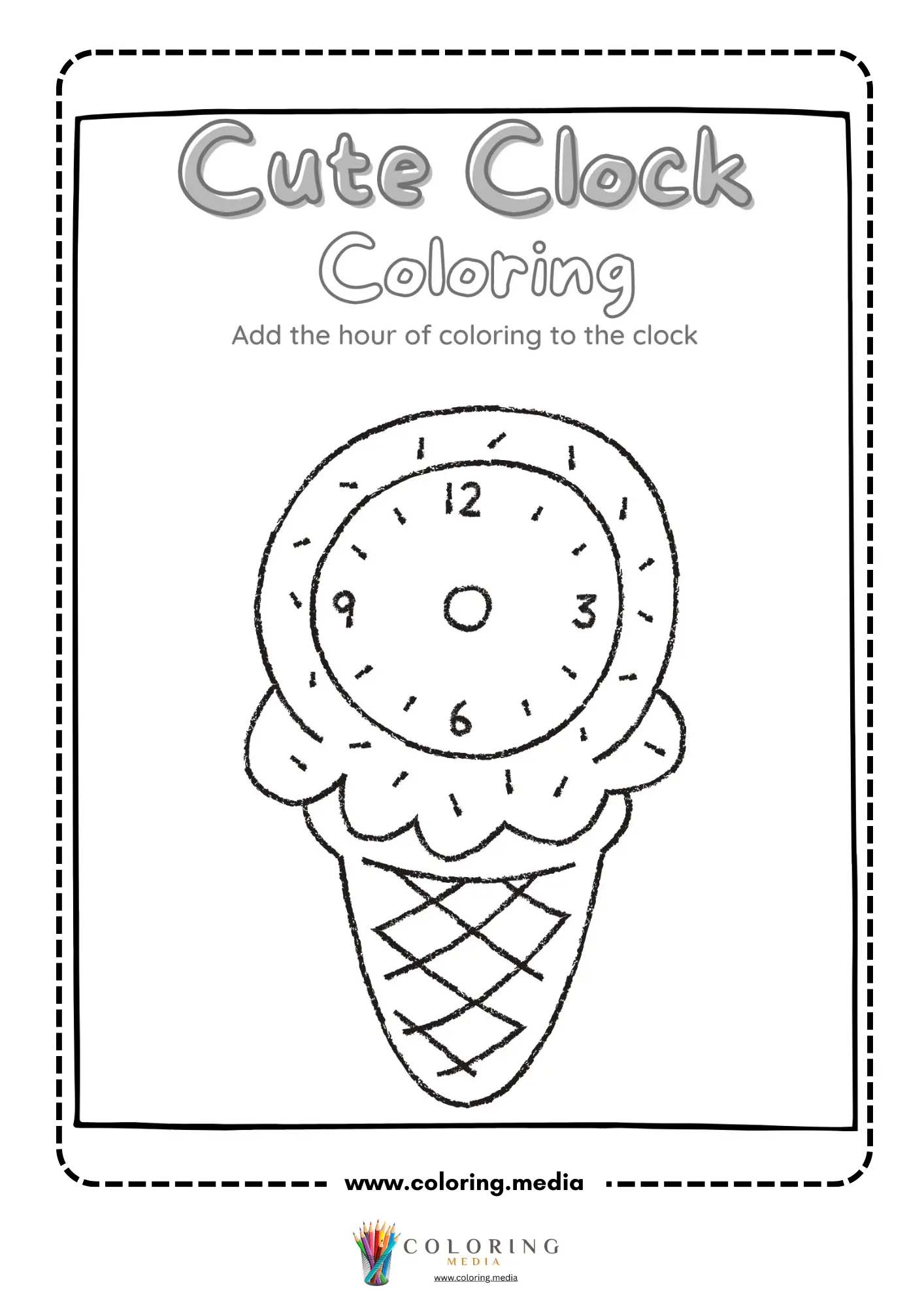 Ice cream cone clock coloring worksheet
