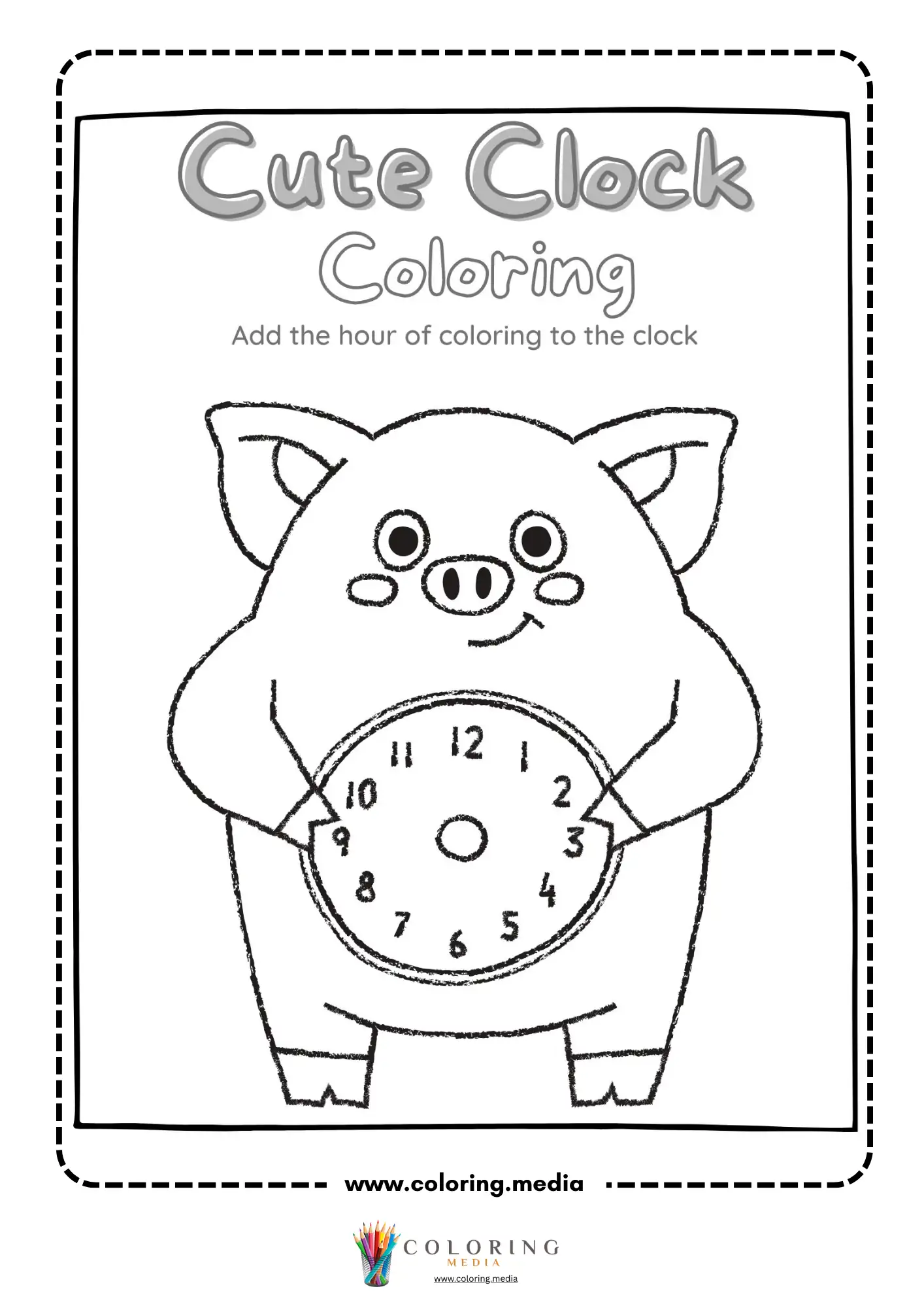 Pig holding clock coloring worksheet