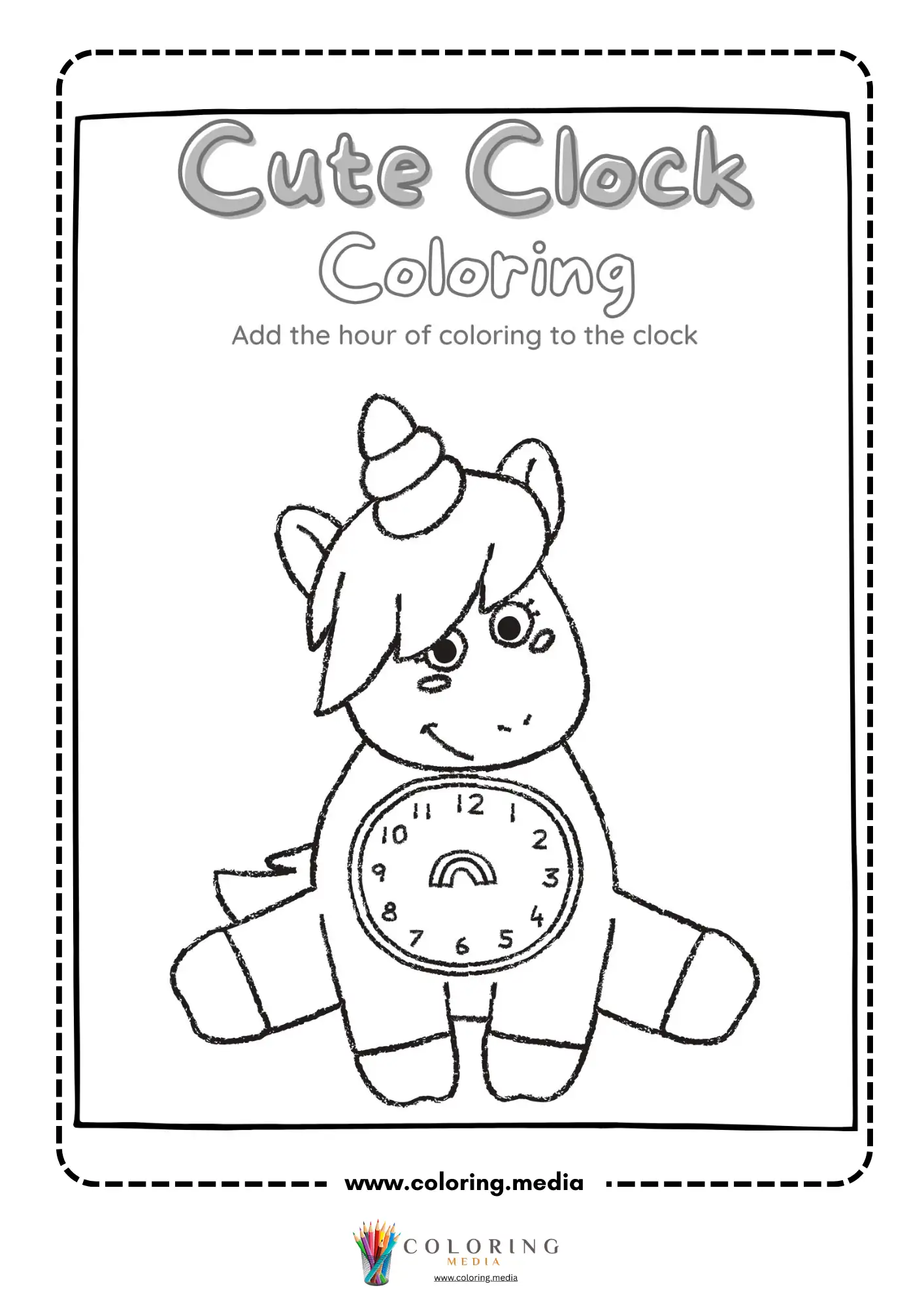 Unicorn holding clock coloring worksheet