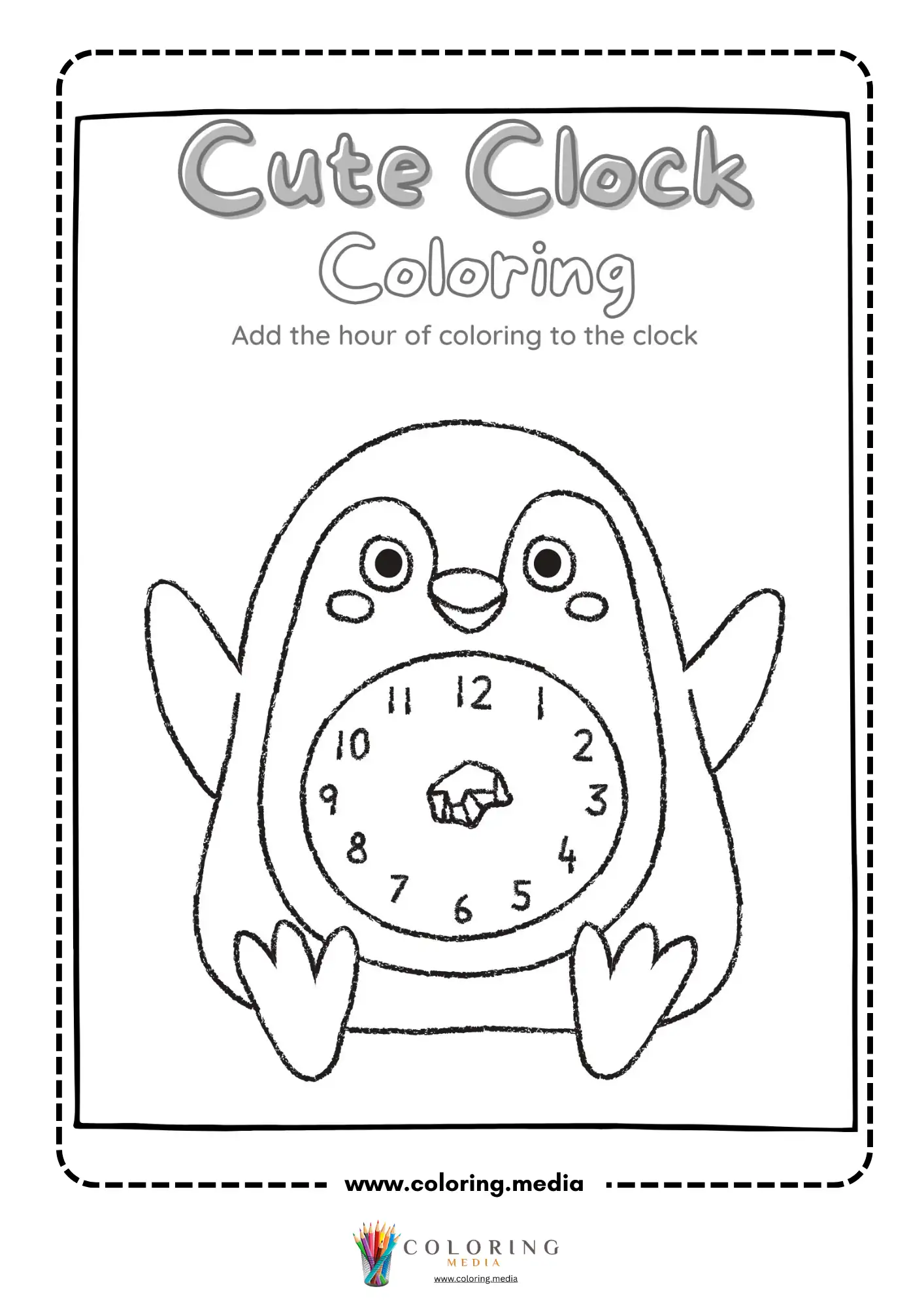 Penguin holding clock coloring worksheet