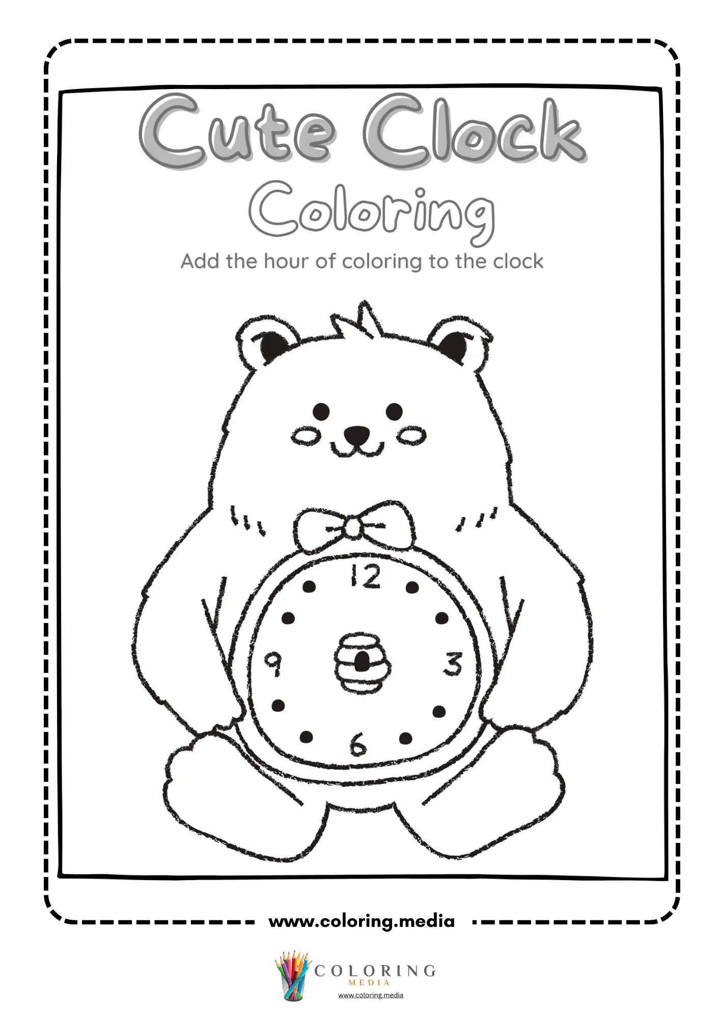 Bear holding clock coloring worksheet